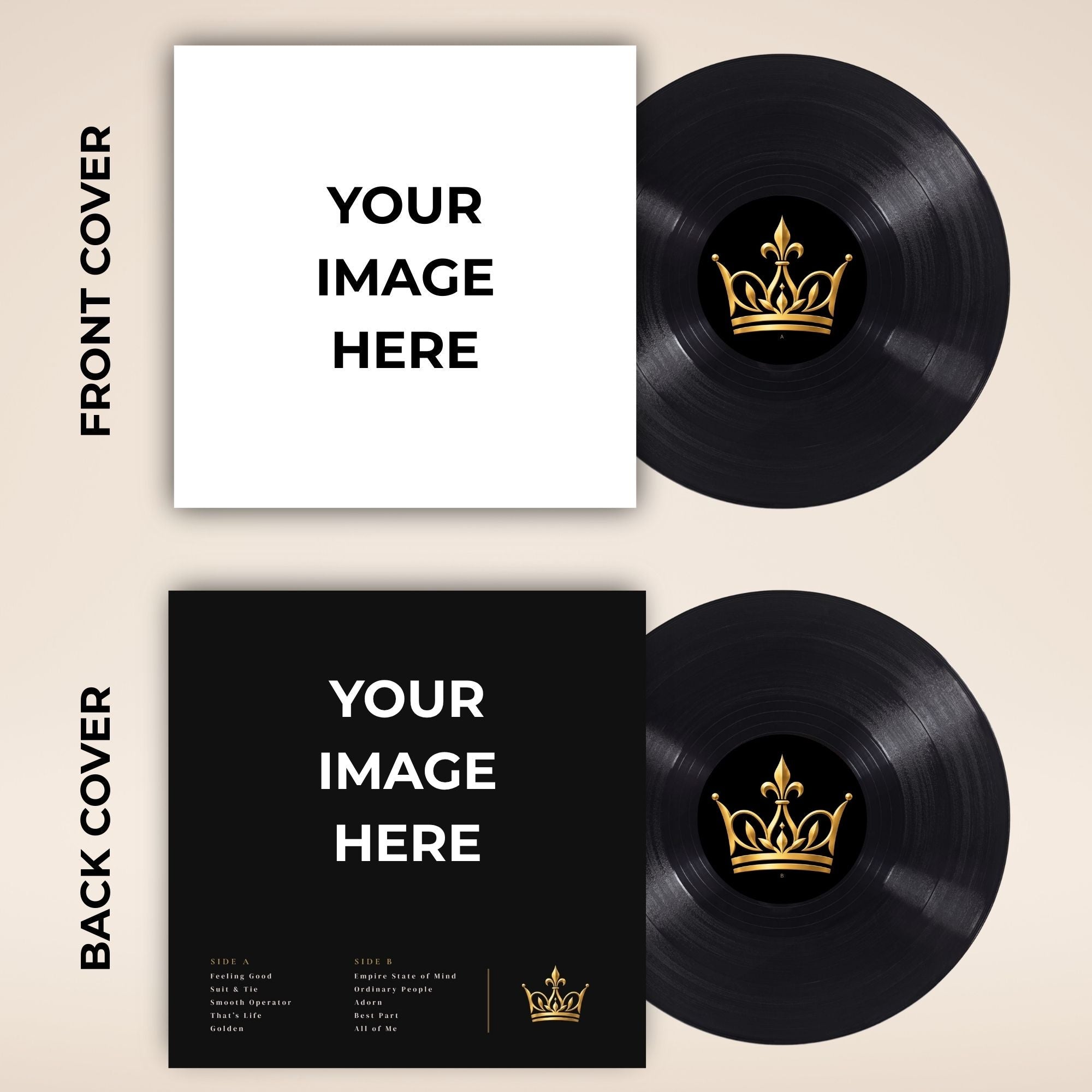 A vinyl record mockup showing front and back cover designs alongside two black records with gold crown logos on a light beige background. The top layout shows a white front cover with black placeholder text, and the bottom layout shows a black back cover with white placeholder text and a small gold crown graphic.