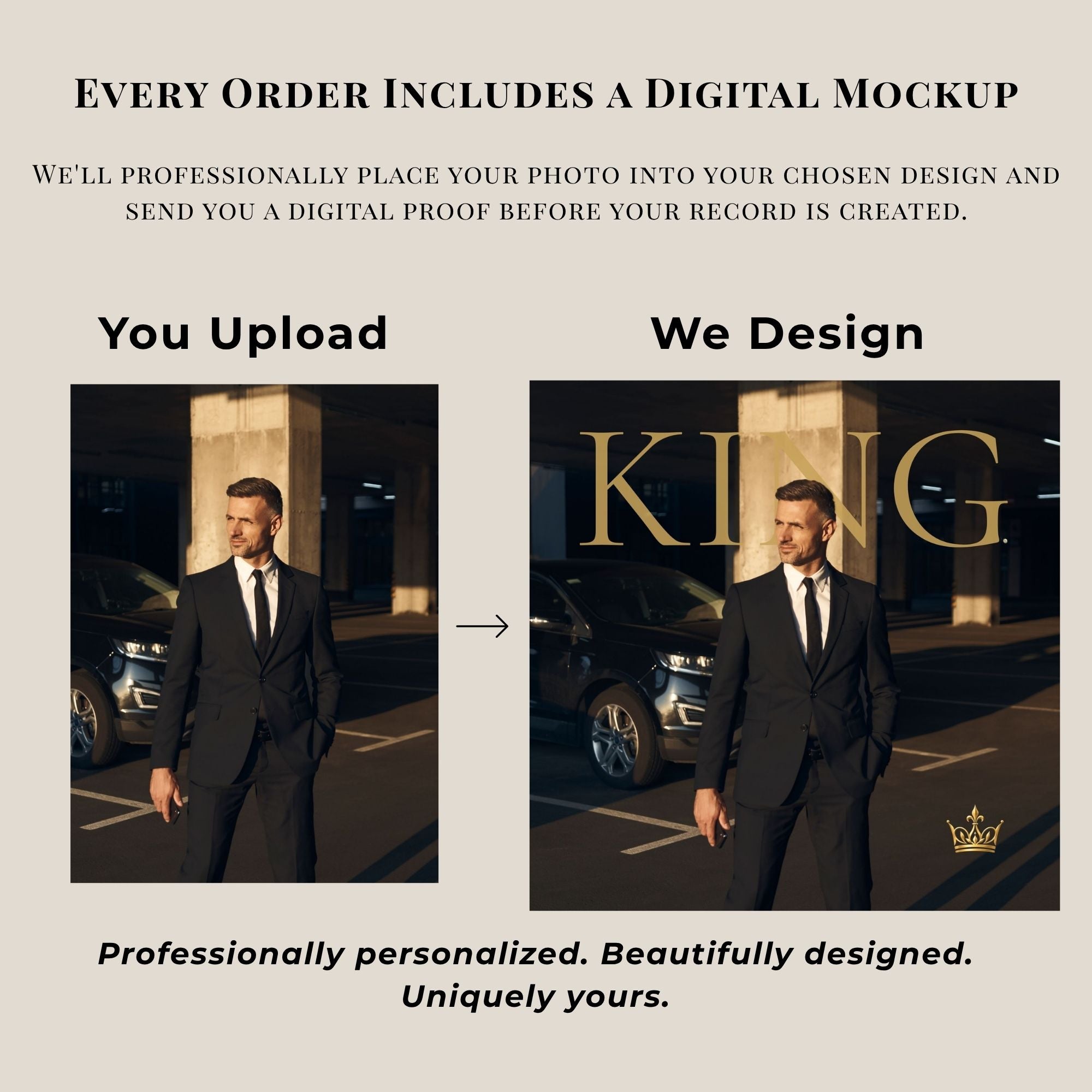 Promotional graphic for a digital photo mockup service. The beige background contains descriptive text at the top and bottom, and two side-by-side panels in the center labeled 'You Upload' and 'We Design' showing a man in a black suit standing in front of a car, with the word 'KING' overlaid in gold in the right panel.