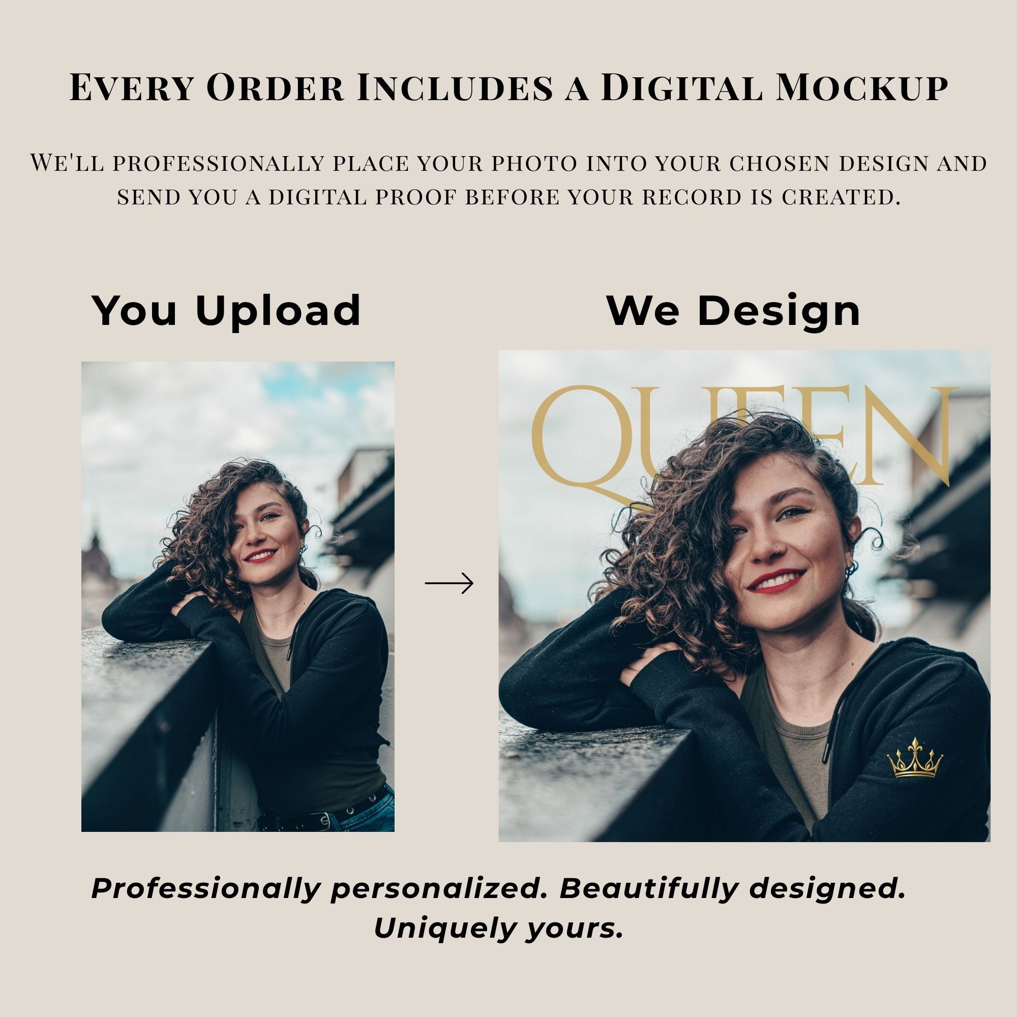 Promotional graphic for a digital photo mockup service, showing a before-and-after comparison. On the left, labeled 'You Upload', a woman's portrait is shown with a black cardigan and a gold crown graphic.