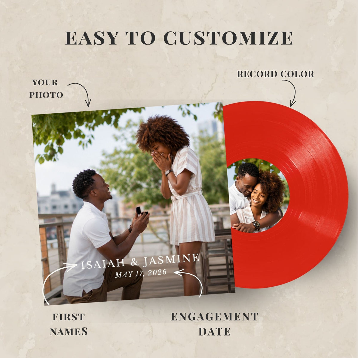 Customizable engagement photo vinyl record album cover and red vinyl record mockup on a textured beige background, with text labels for photo, record color, first names, and engagement date.