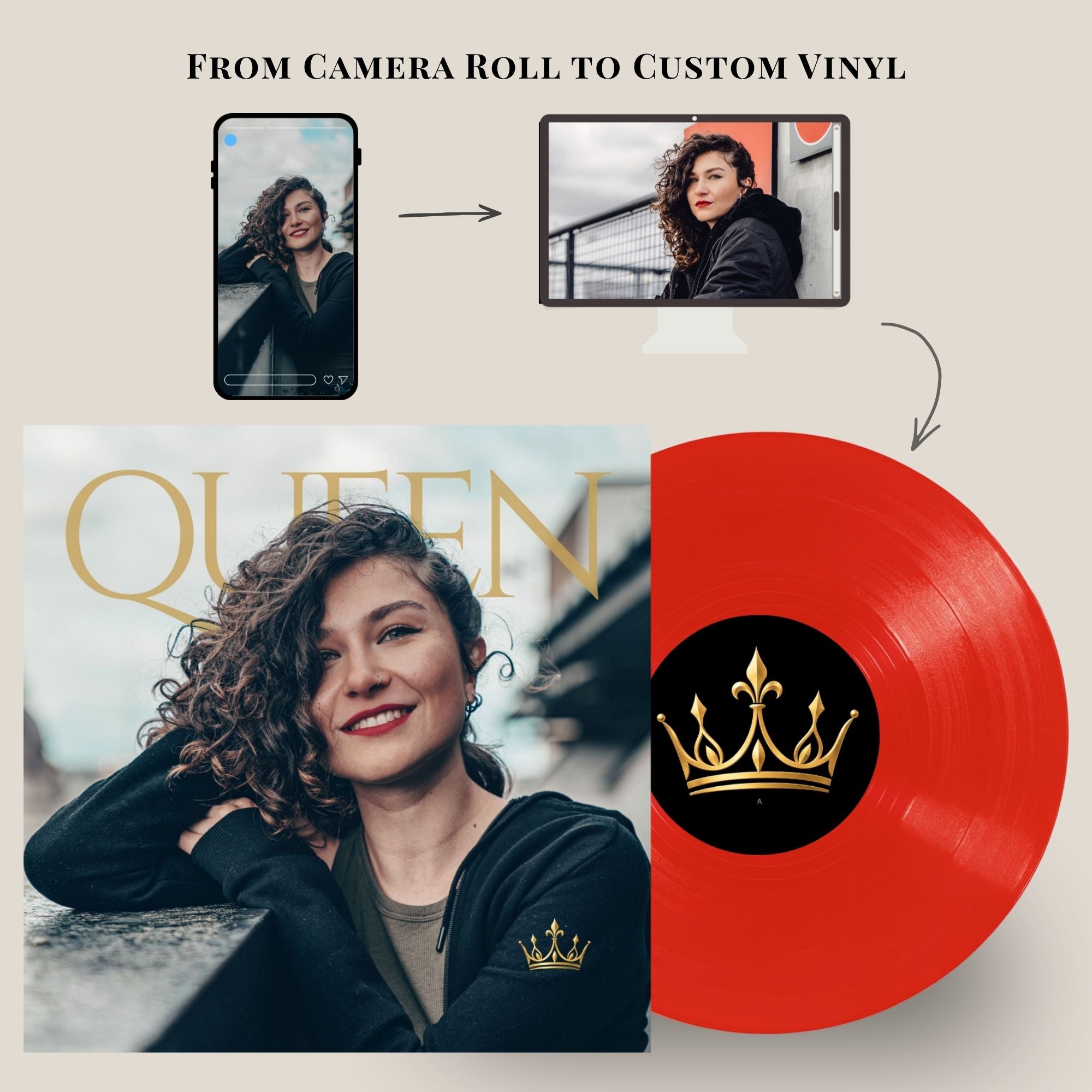 Custom vinyl record album mockup showing a red vinyl record with a gold crown logo and a printed album cover featuring a woman's portrait and the word 'QUEEN'. Above the product, an explanatory graphic shows a phone and monitor displaying a photo that is transformed into the album artwork, with text reading 'FROM CAMERA ROLL TO CUSTOM VINYL'.