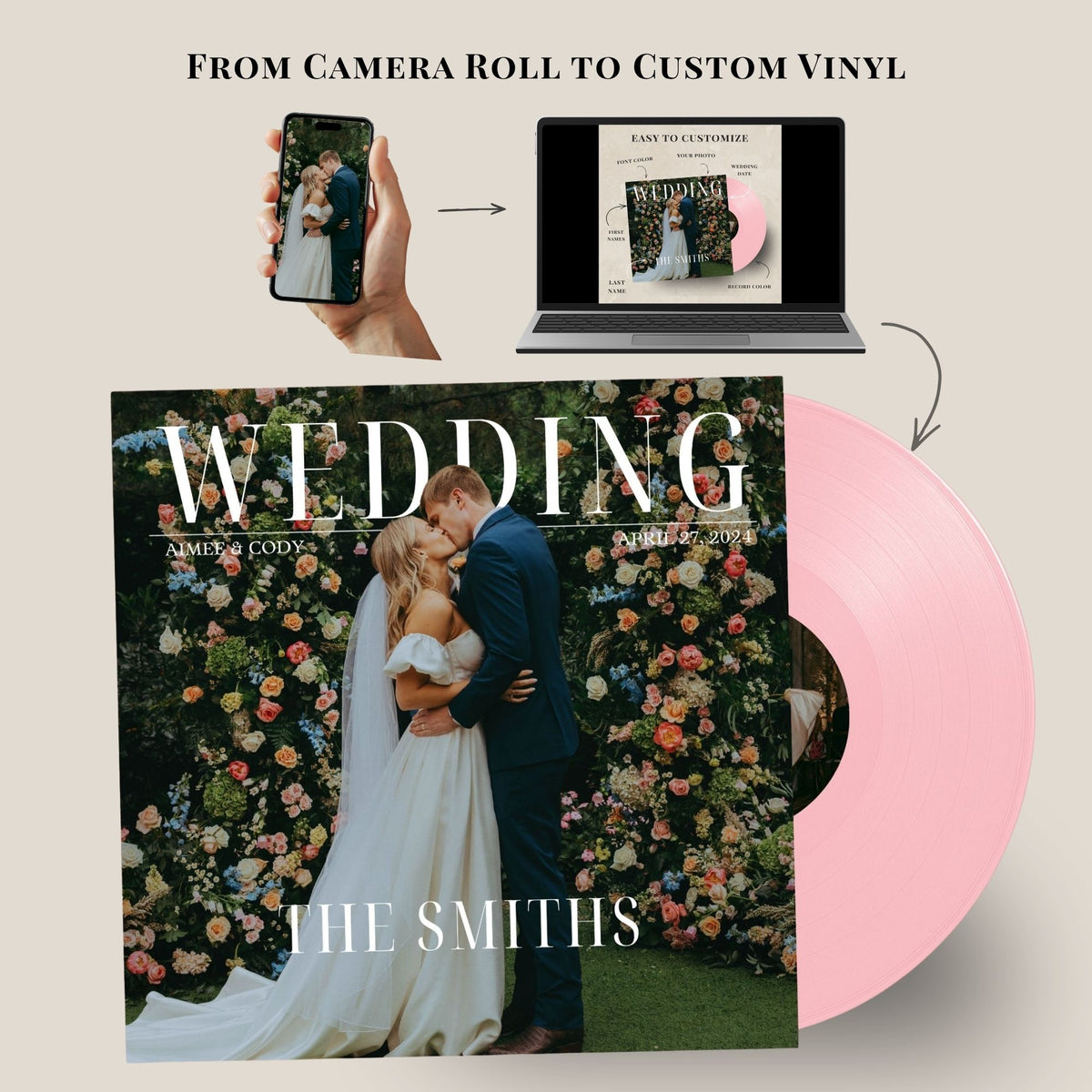 A custom vinyl record album cover mockup showing a wedding-themed photo of a bride and groom, with a pink vinyl disc partially visible. Above the album, a hand holds a phone showing the photo, and a laptop displays the album artwork.