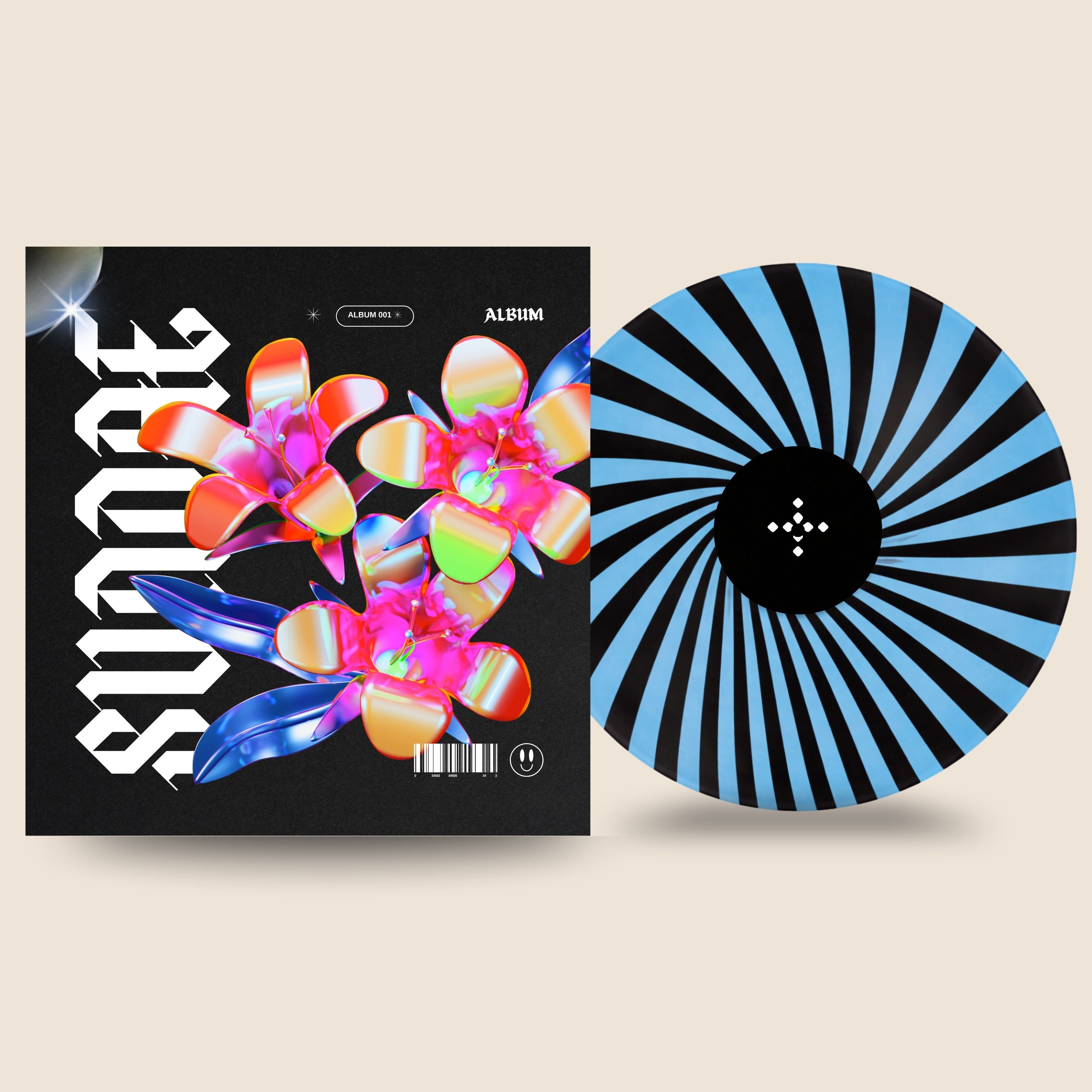 Custom 12-inch vinyl record by Black Label Vinyl with blue and black spiral spinner pattern and abstract symbol center label, paired with a modern studio album cover.