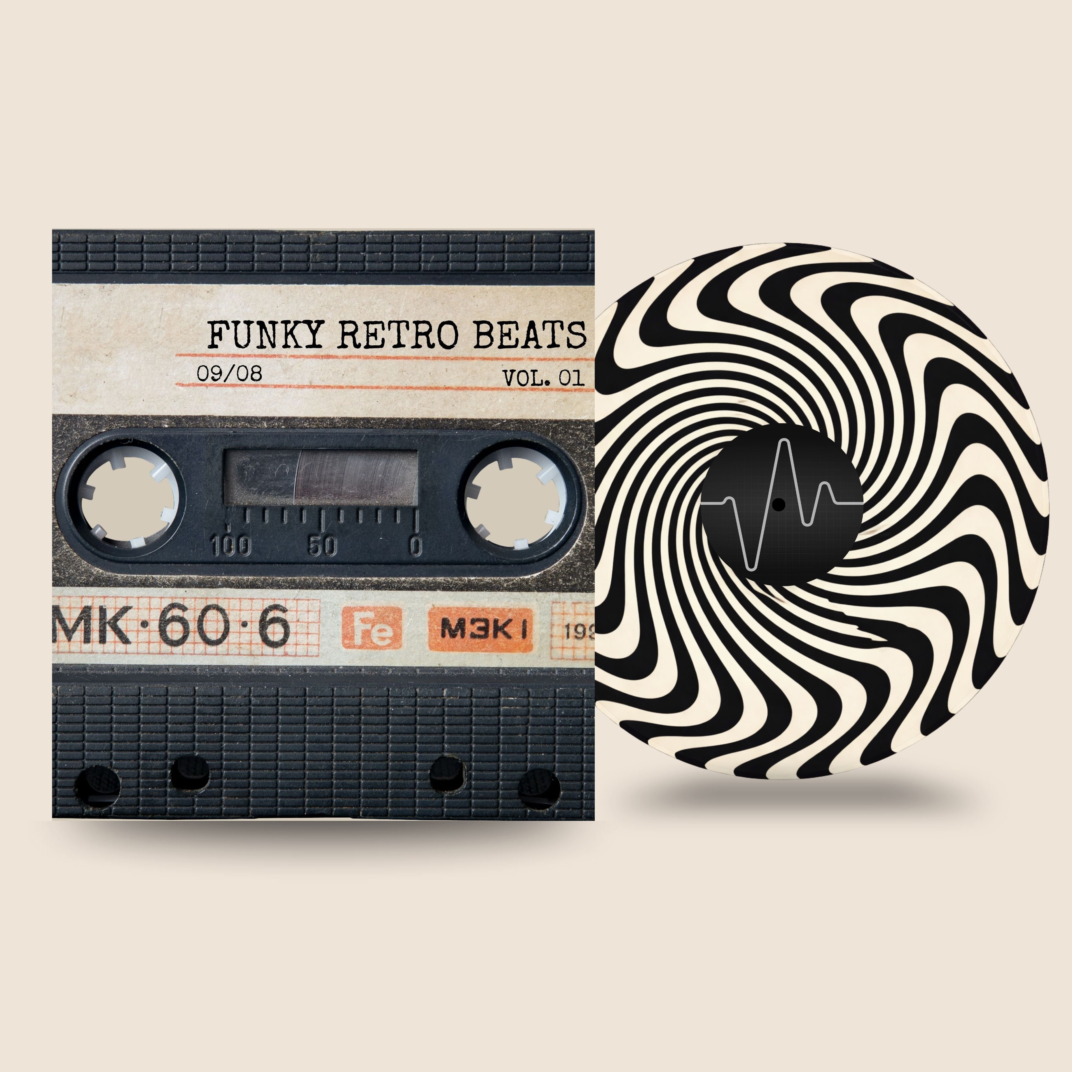 Kinetic Series Spinner custom vinyl record by Black Label Vinyl featuring a black-and-cream spiral 12-inch lathe-cut record, shown with a retro cassette-style album cover.