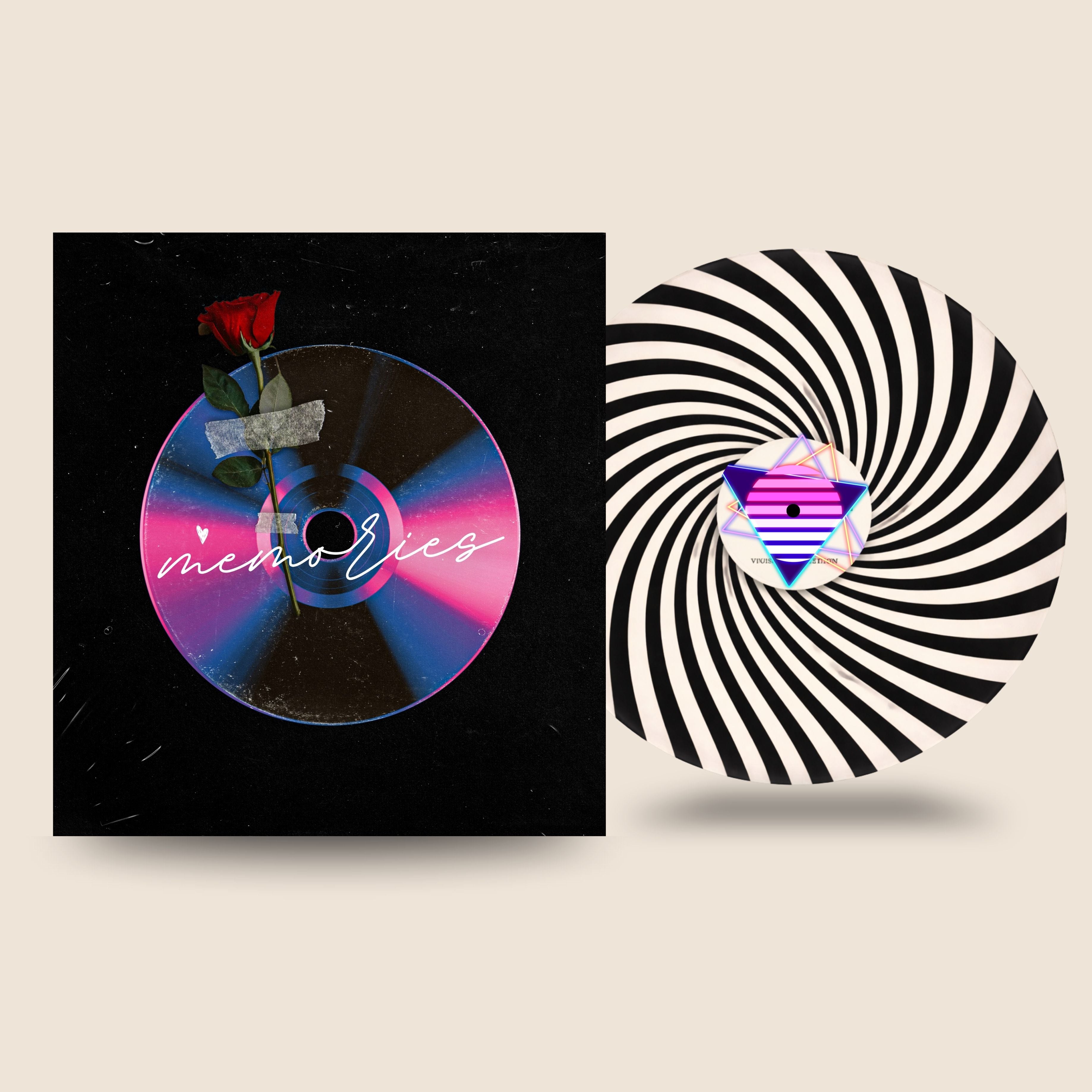 Kinetic Series Spinner custom vinyl record by Black Label Vinyl featuring a black-and-white hypnotic spiral 12-inch lathe-cut record, shown with a custom album cover.
