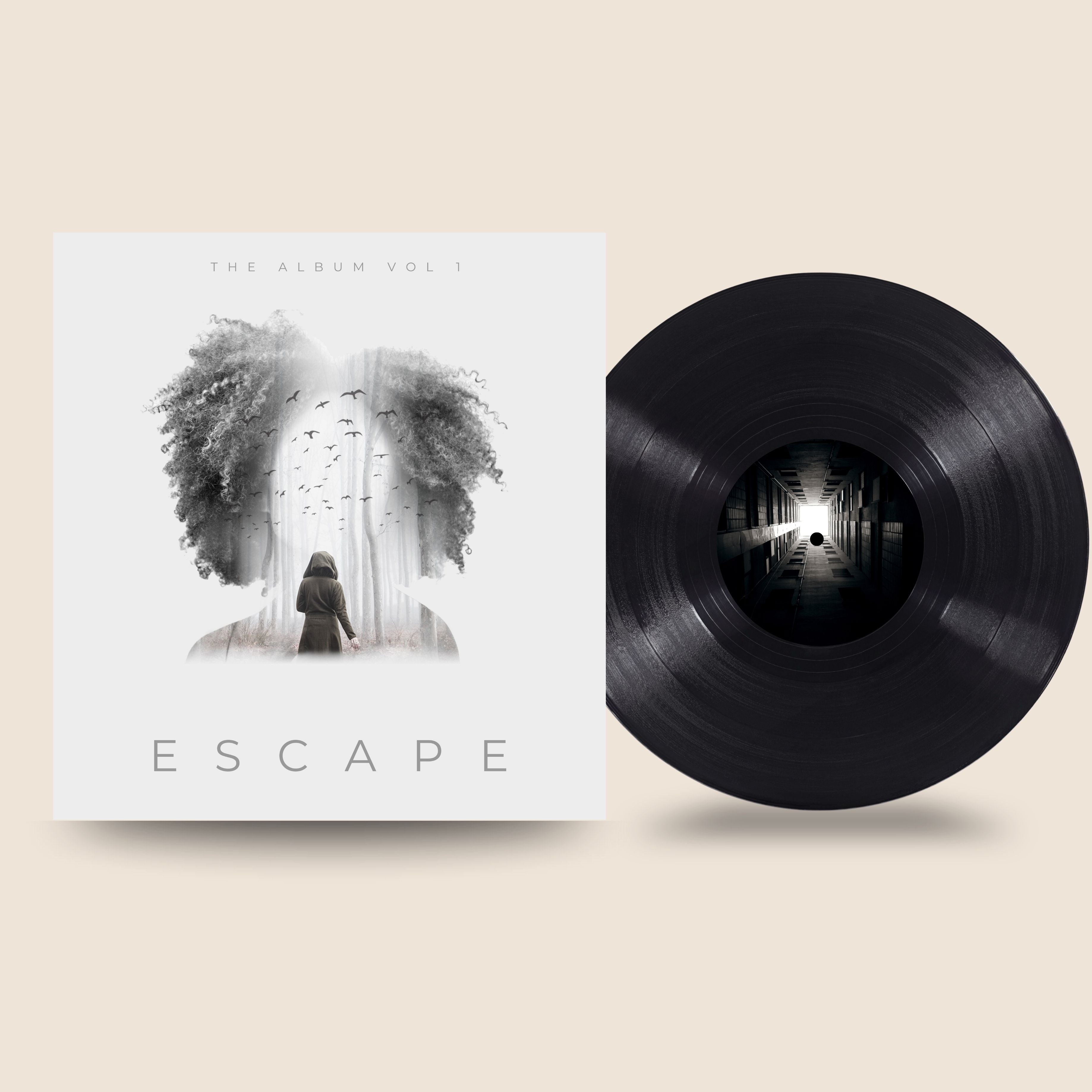 12″ Custom Mixtape Vinyl Record – Classic Edition by Black Label Vinyl featuring a classic black 12-inch lathe-cut record with a custom photo center label, shown alongside a minimalist, monochrome album cover design.