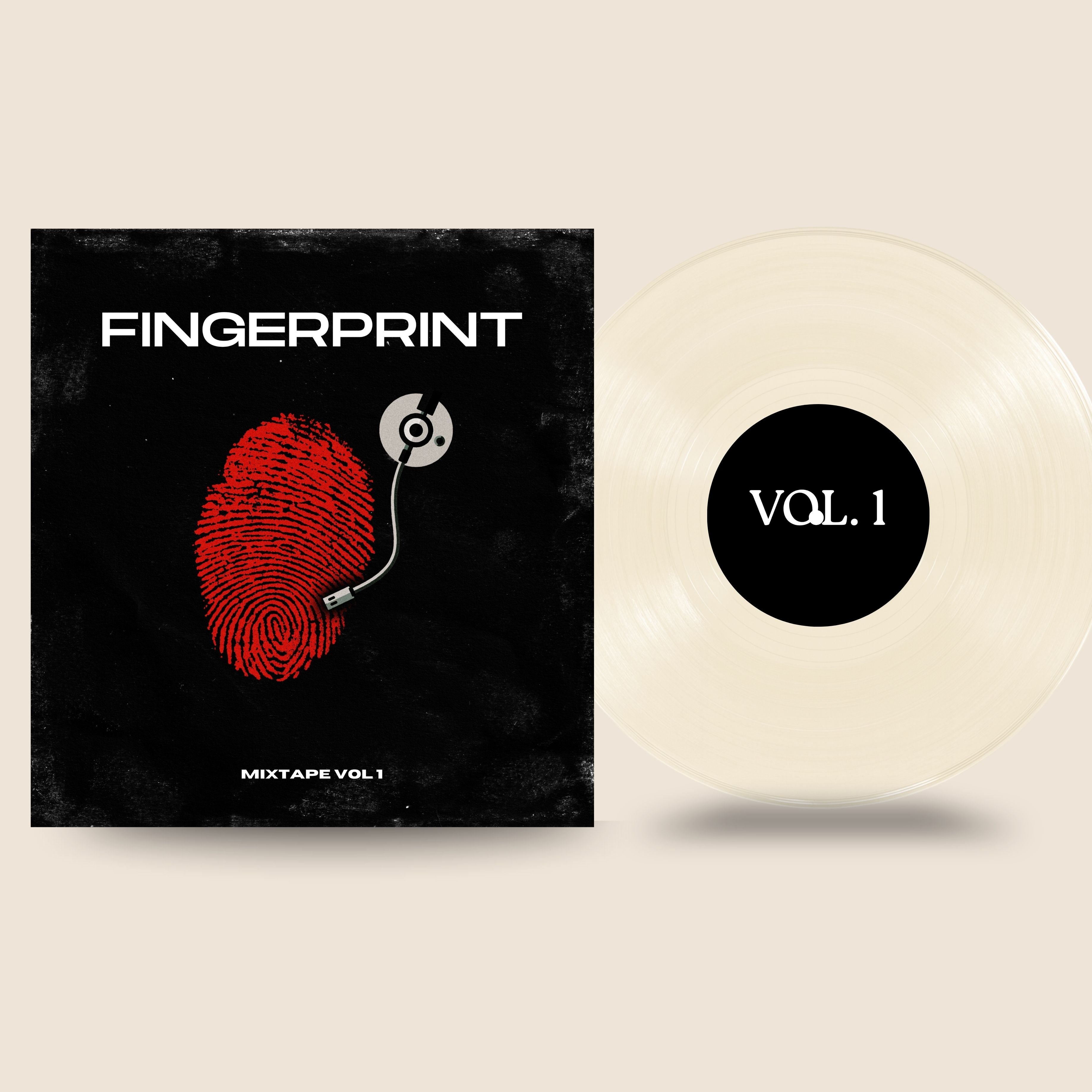 Vinyl record and cover with 'Fingerprint' branding on a beige background