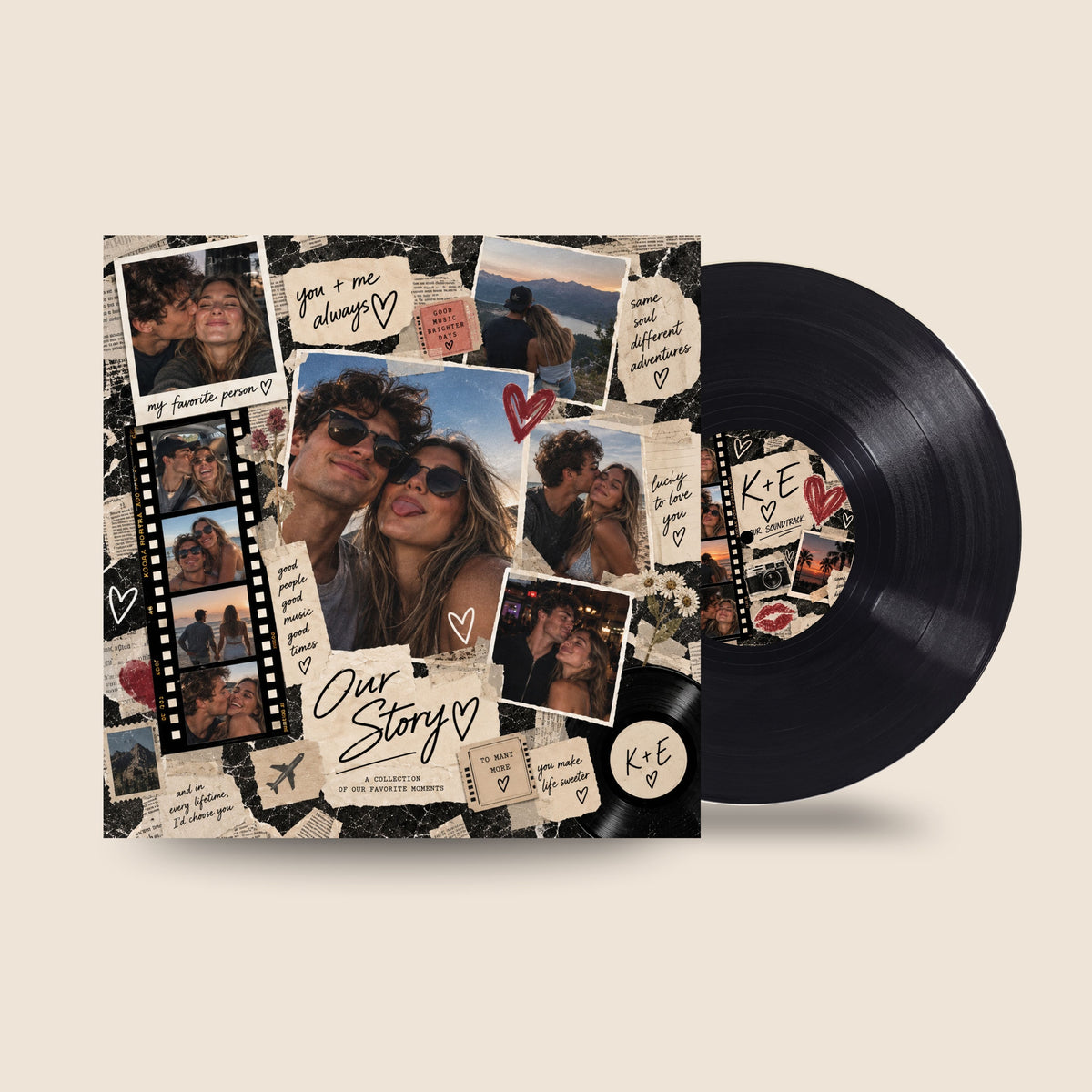 A vinyl record partially pulled from its illustrated collage-style album cover, shown on a plain light beige background. The cover features multiple photo clips, handwritten notes, hearts, and the title 'Our Story' in script.