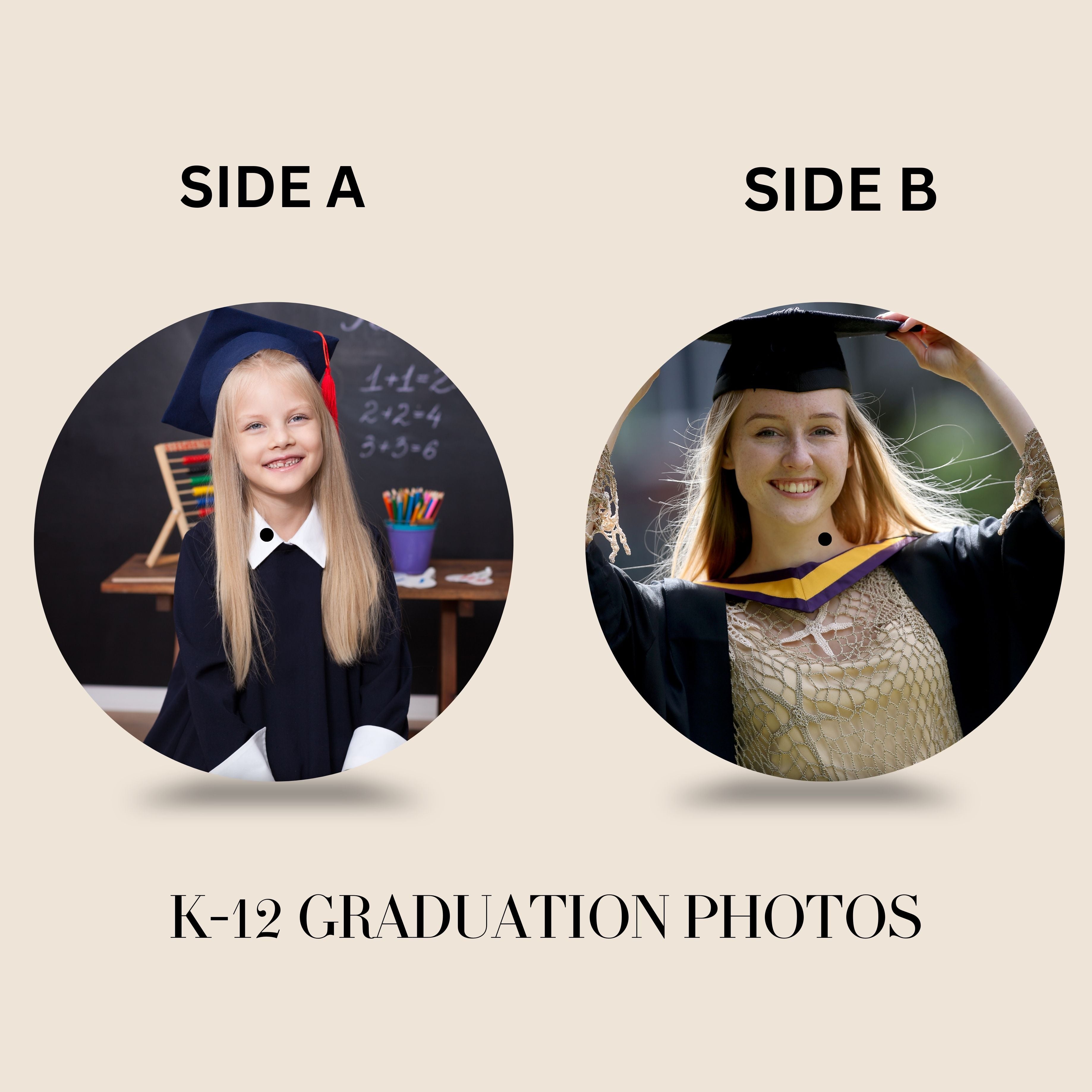 Display-only custom vinyl photo record featuring K-12 graduation photos on real vinyl with silent grooves and a standard center hole.