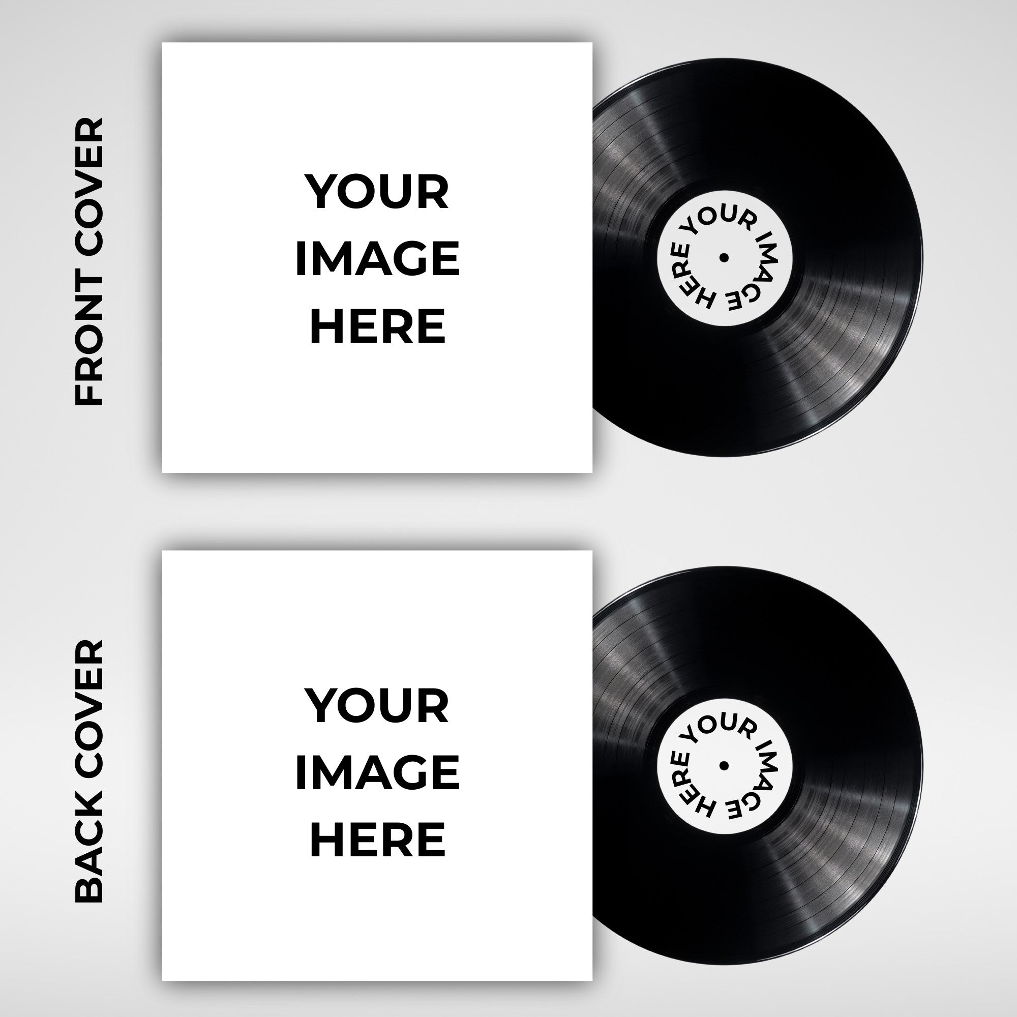 Black Label Vinyl mockup featuring front and back jacket layouts with black records — a realistic template for displaying custom vinyl cover artwork and personalized record label designs.