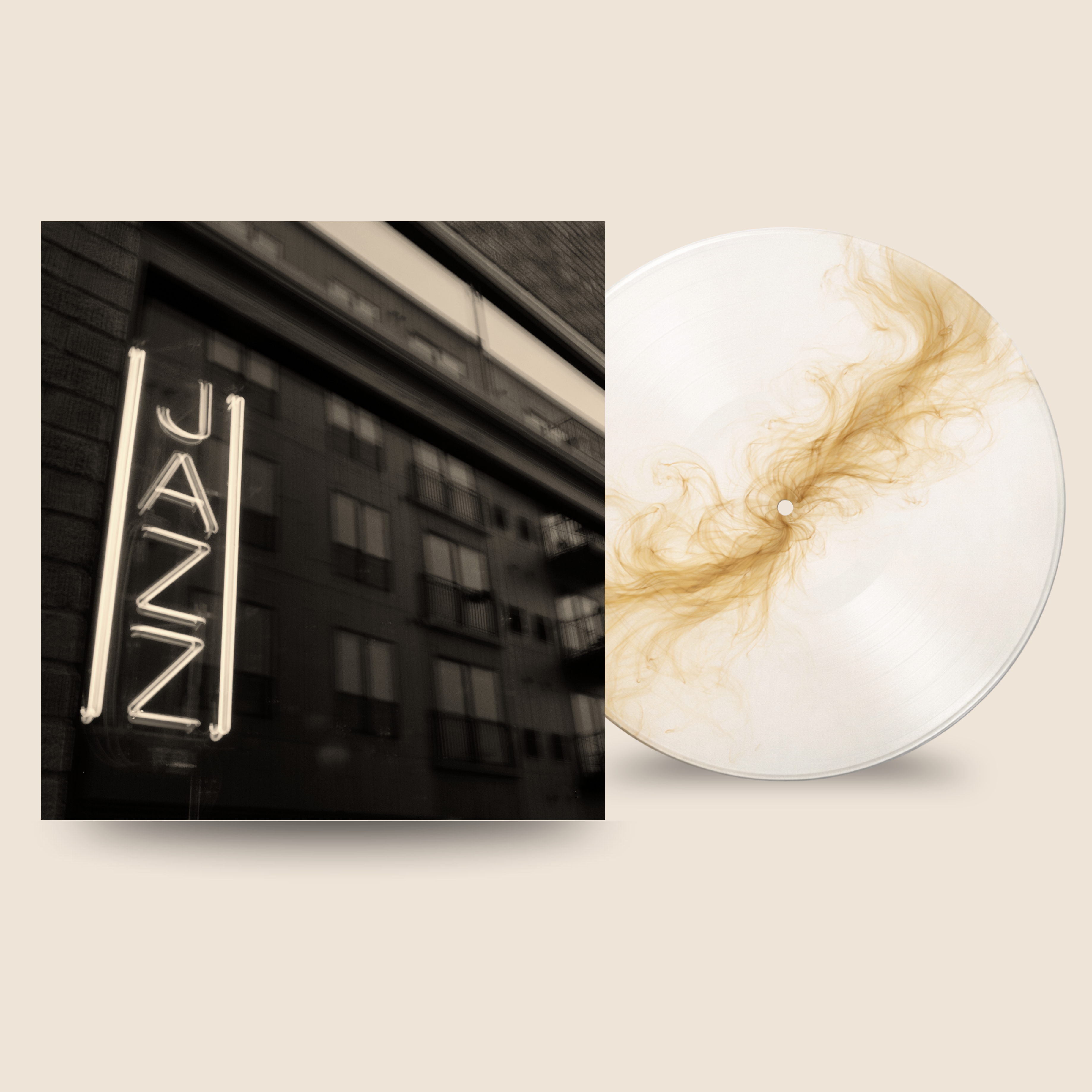 Ink Series custom vinyl record by Black Label Vinyl featuring a translucent white 12-inch lathe-cut record with flowing gold ink-style artwork, shown with minimalist jazz-inspired album cover.