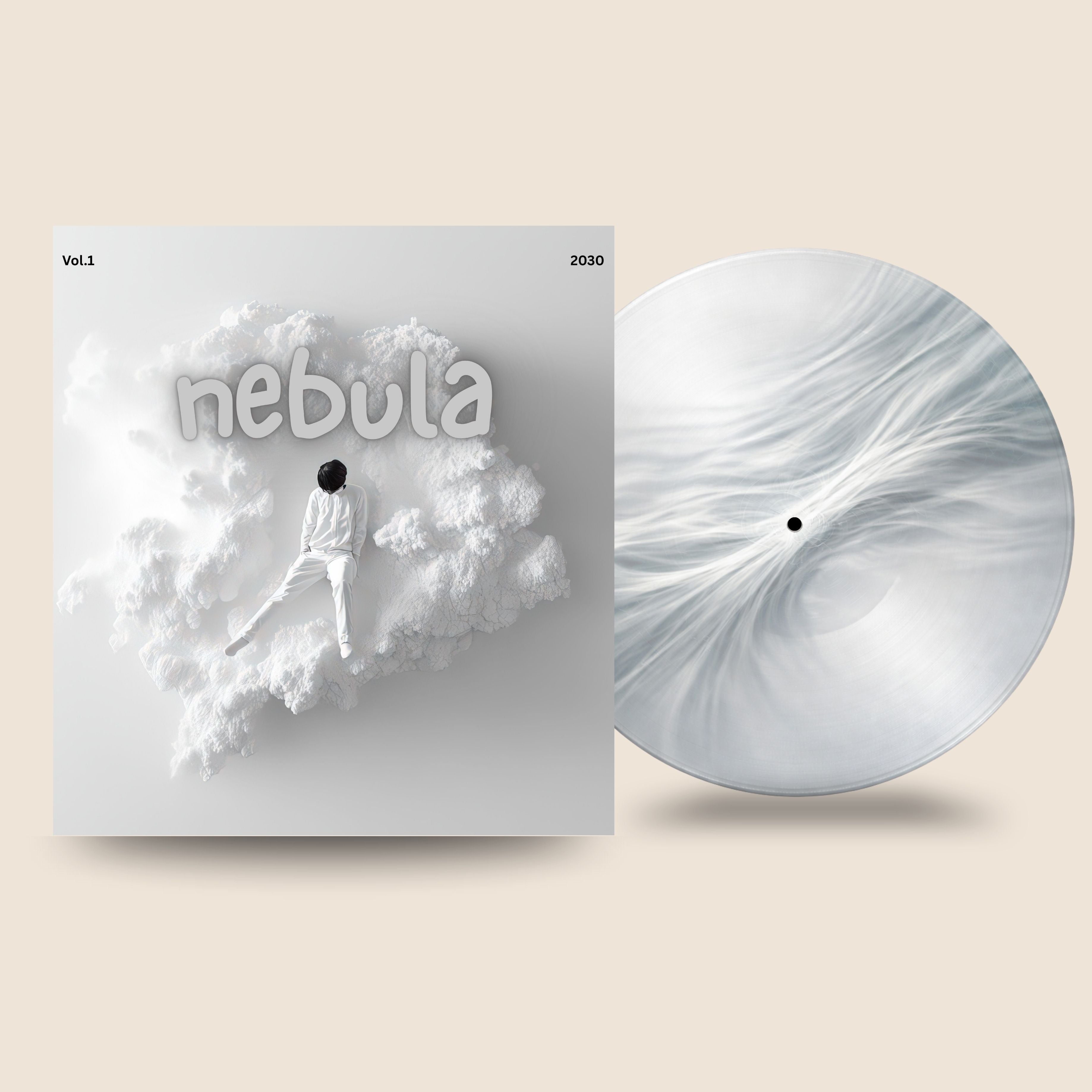 Black Label Vinyl custom 12-inch vinyl record with soft white fluid ink swirl design, displayed beside the Nebula album cover featuring a minimalist cloud-inspired scene.