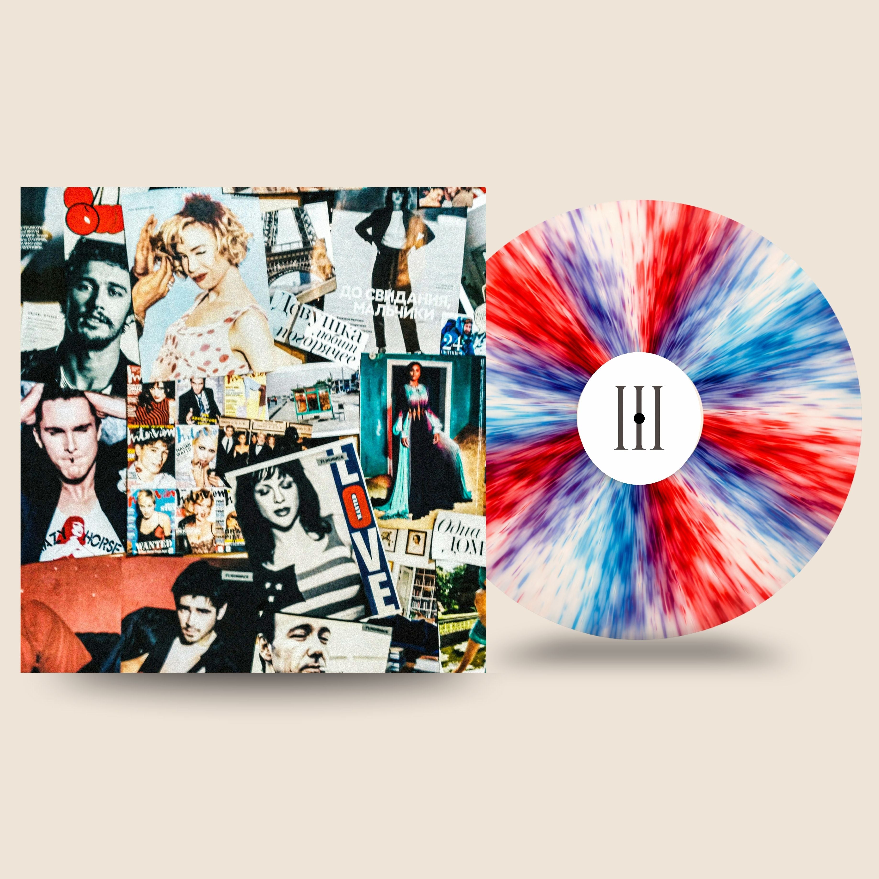 Artisan Series Paint Edition custom vinyl record by Black Label Vinyl featuring a red, blue, and white painted-style 12-inch lathe-cut record, shown with vintage collage-style album artwork.