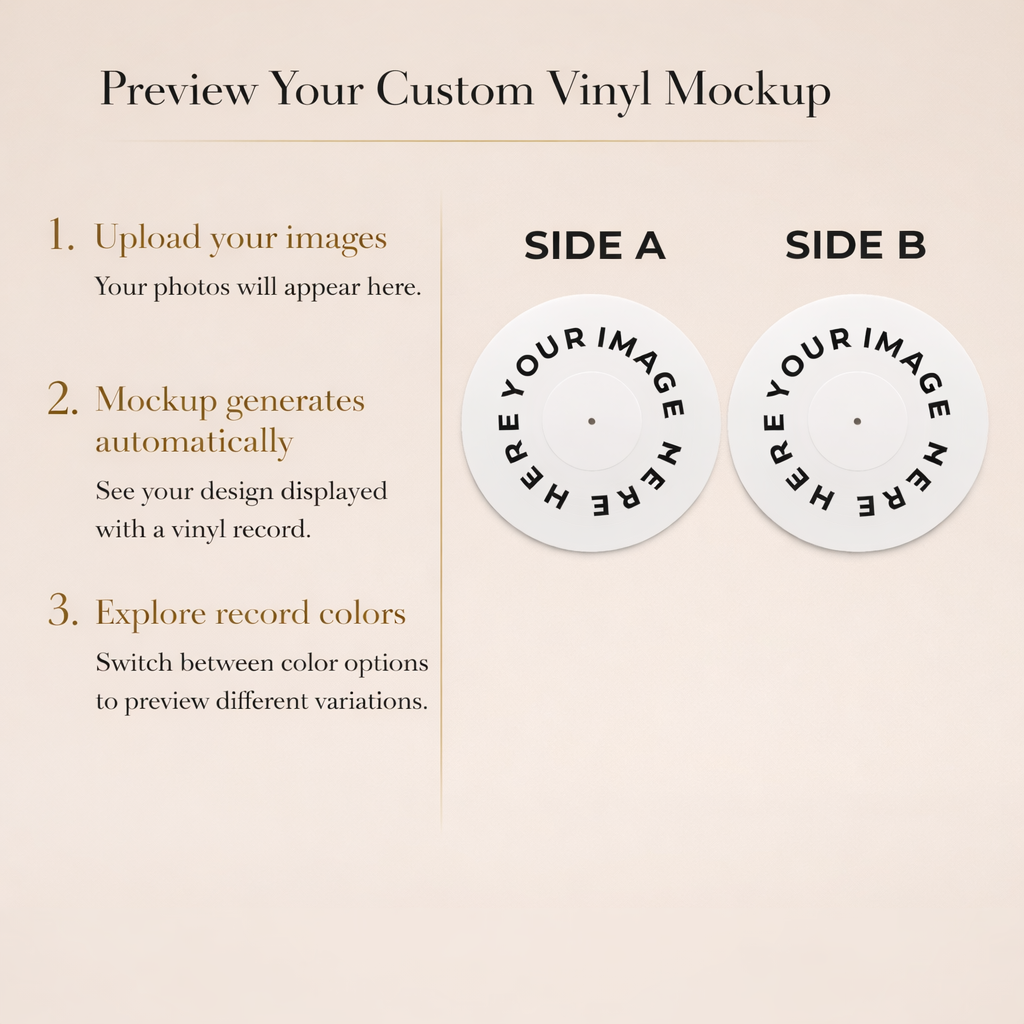 Custom vinyl mockup with two circular labels on a beige background