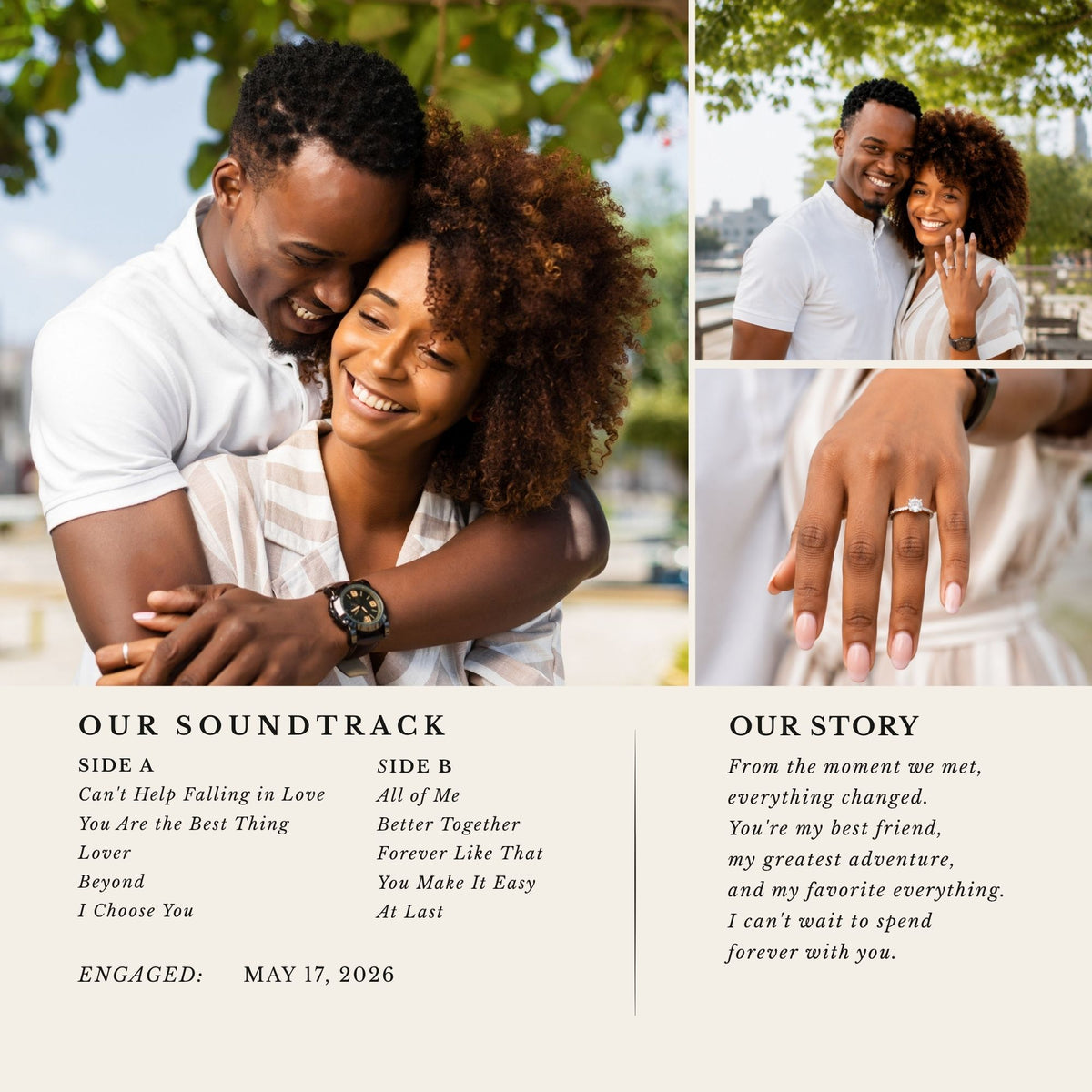 A square collage-style wedding keepsake card or print featuring two large and two small photos of a couple outdoors, with text sections reading 'OUR SOUNDTRACK' and 'OUR STORY' and an engagement date. The product appears to be the printed design itself rather than a plain product shot of jewelry, so this fits Lifestyle because real people and an outdoor environment are present in the artwork.