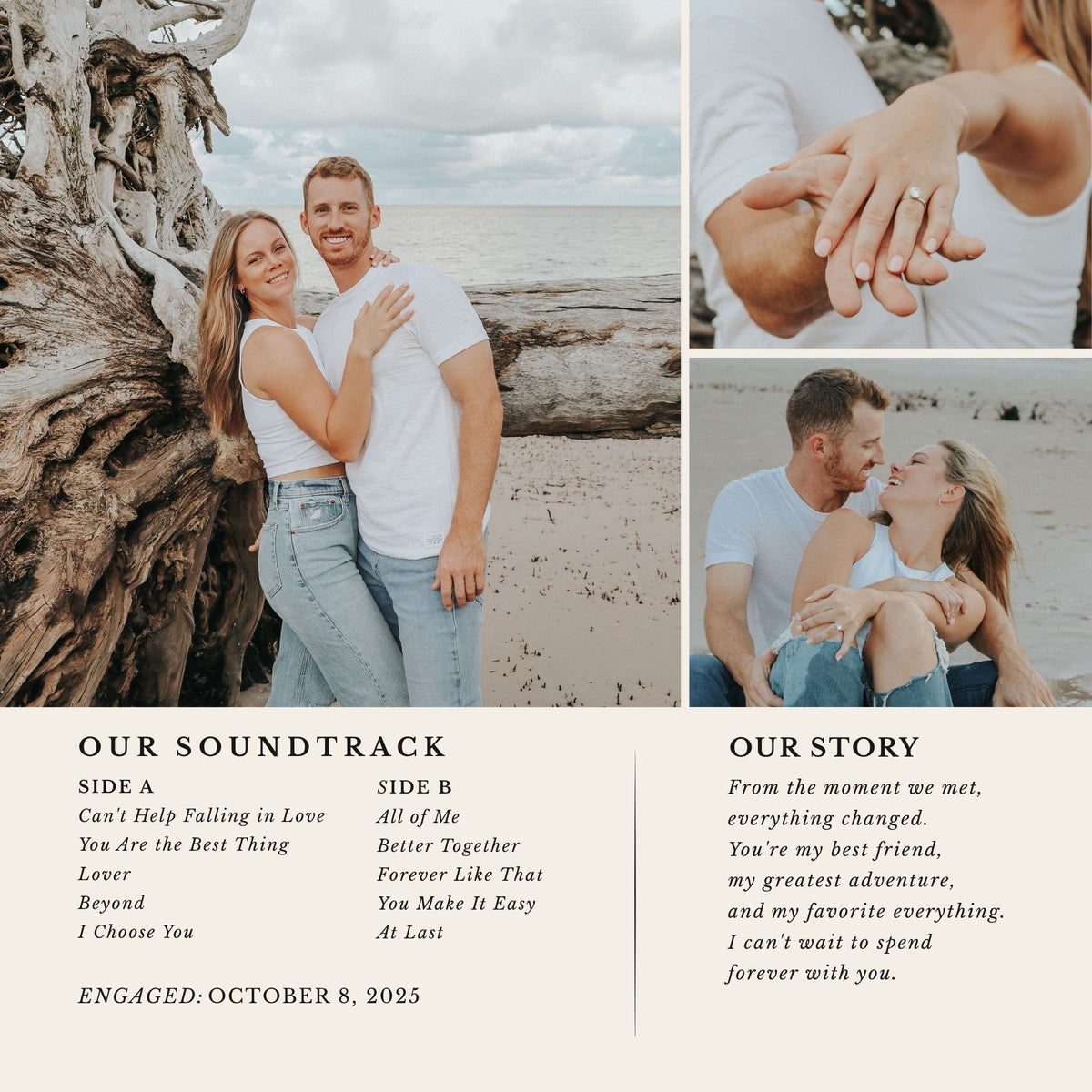 A square digital template for a custom wedding soundtrack and story, featuring three lifestyle photographs of a couple on a beach and a large white text section with song lyrics and personalized text.