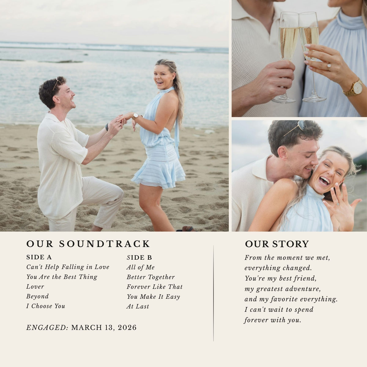 A square collage-style wedding keepsake or print featuring three beach and couple photos, with text sections reading 'OUR SOUNDTRACK' and 'OUR STORY' plus a listed engagement date. The product appears to be the printed photo collage itself rather than a lifestyle product demonstration.