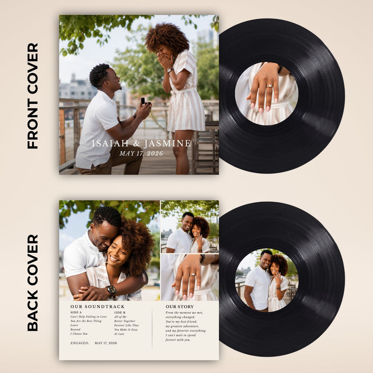 A vinyl record album mockup shown front and back on a beige background. The front cover features a square photo of a couple outdoors with the text 'ISAAC & JASMINE' and 'MAY 17, 2026.