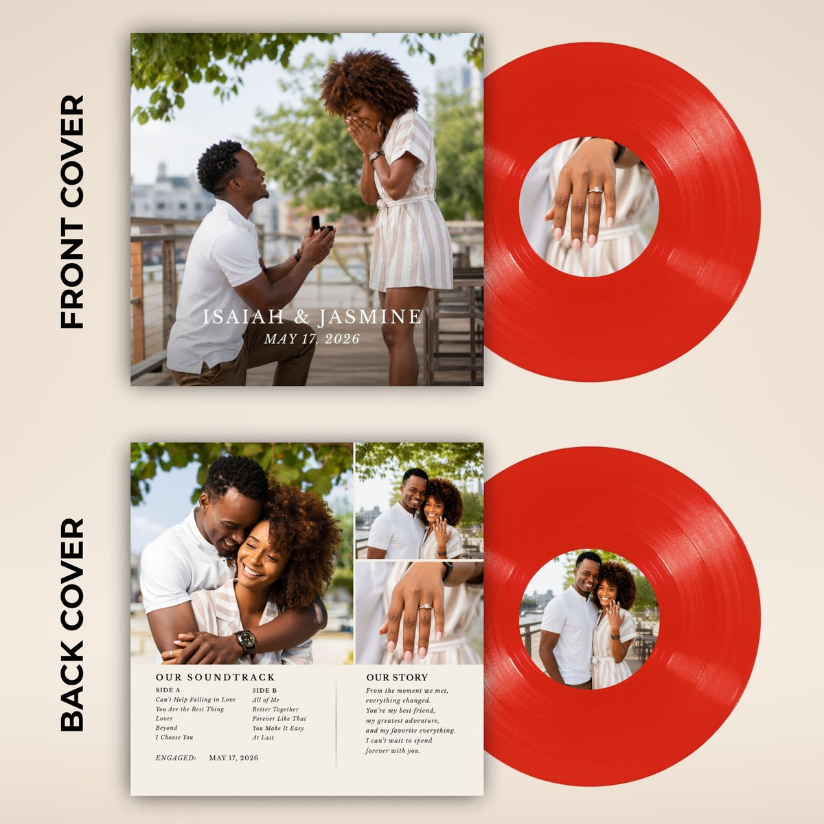 A custom vinyl record album set shown on a beige background, with the front and back covers displayed above two red vinyl records. The album artwork features a couple on a balcony and includes printed text such as 'FRONT COVER,' 'BACK COVER,' and 'ISAACAH & JASMINE MAY 17, 2026.