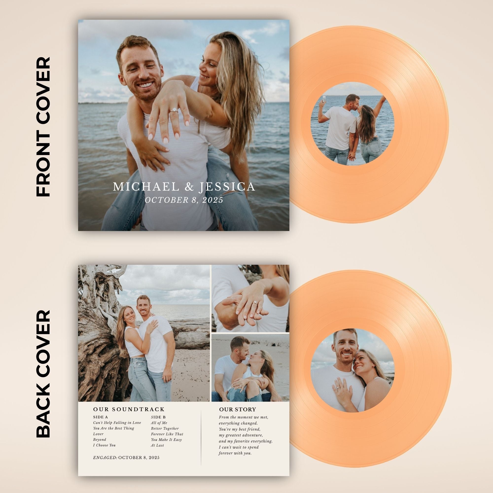 Personalized vinyl record album set with front and back covers and two peach-colored records, shown on a light beige background. The covers feature a couple's beach photo and printed text including 'MICHAEL & JESSICA' and 'OCTOBER 8, 2025'.