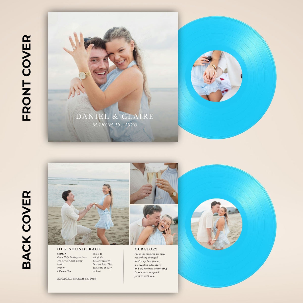 Custom vinyl record album set for Daniel & Claire, featuring a front cover and back cover with wedding photos and text, alongside two translucent light blue vinyl records on a beige background.