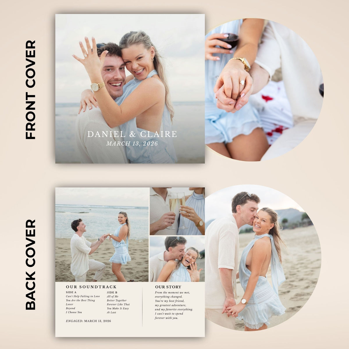 A wedding invitation suite mockup showing front and back covers with beach-themed photos of a couple, on a light beige background. The front cover reads 'DANIEL & CLAIRE' and 'MARCH 13, 2026.