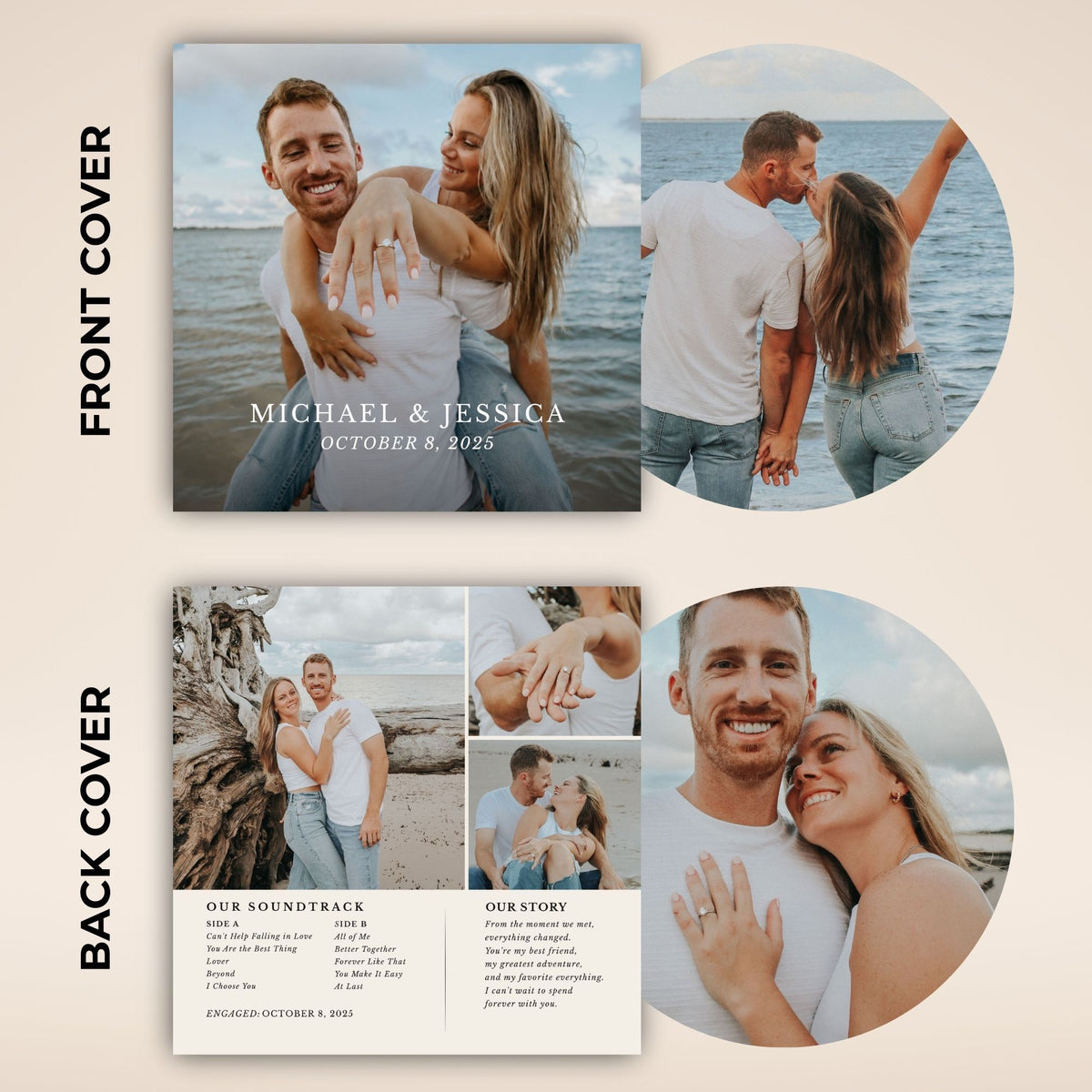 Custom engagement photo wedding invitation template mockup showing front and back covers on a beige background. The front cover features a square photo of a couple on a beach with their names and date, and the back cover has circular photos of the couple with event details.