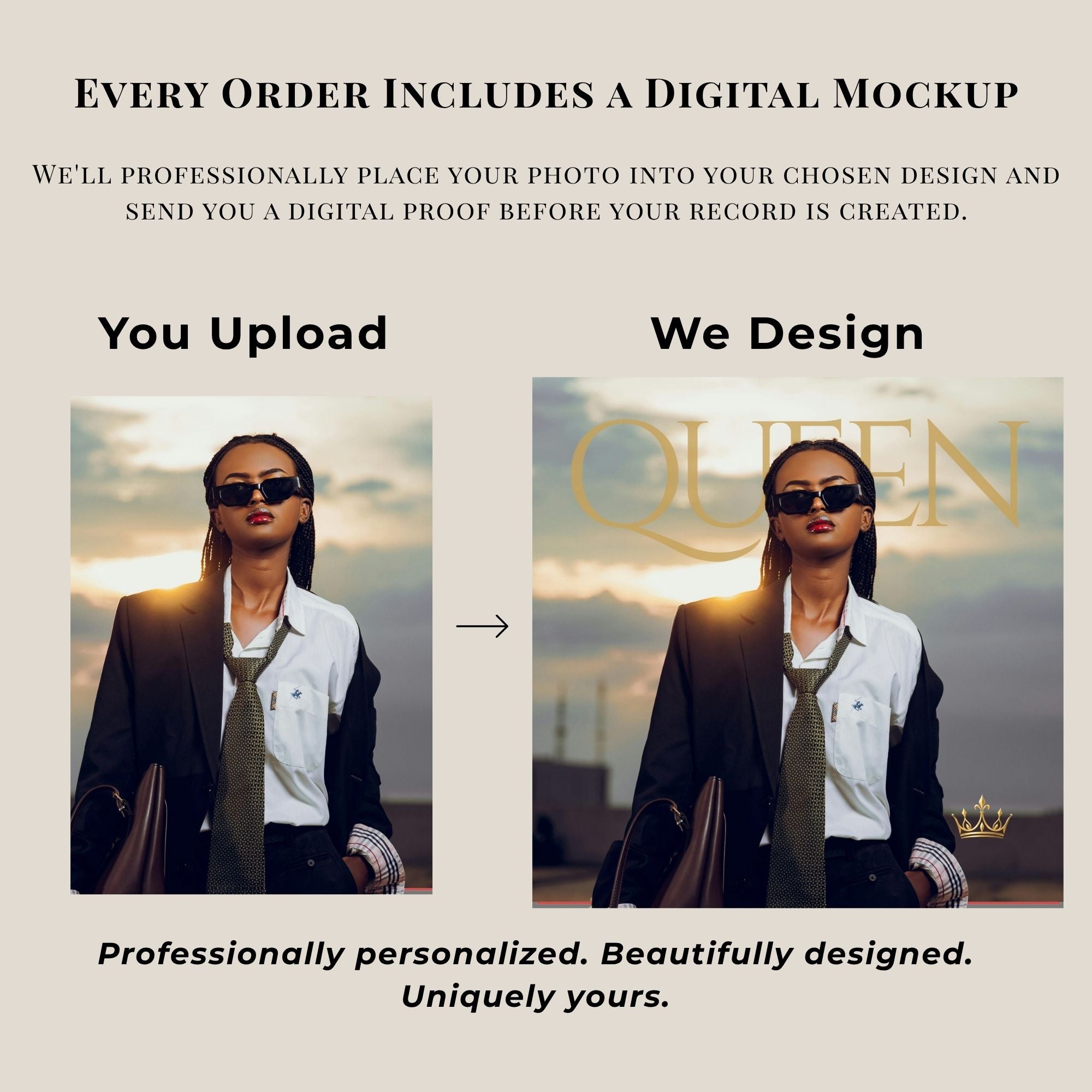 Promotional graphic for a digital photo mockup service showing a before-and-after comparison. The left side, labeled 'You Upload,' shows a woman in a black blazer, white shirt, and olive tie against a sunset background.
