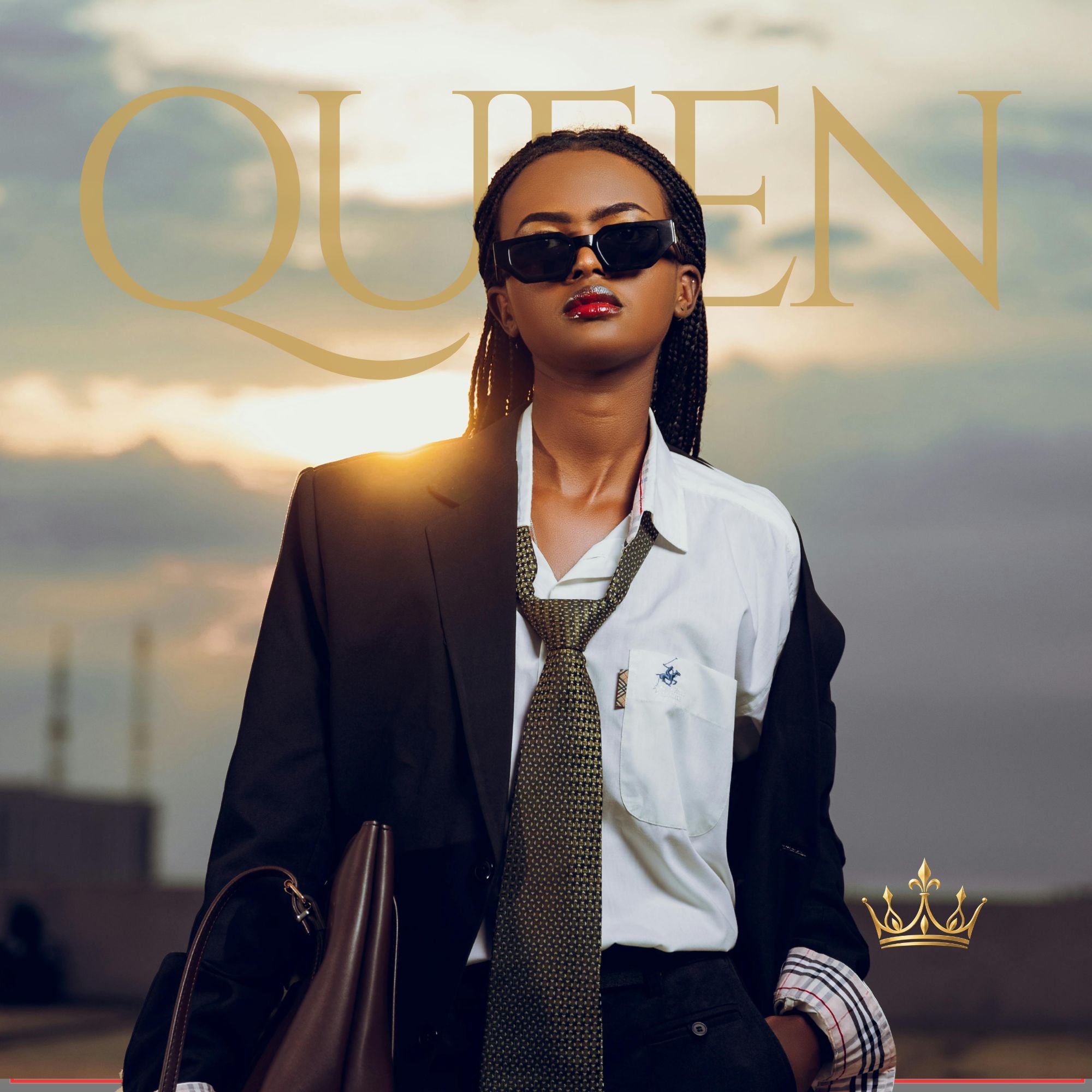 A woman wearing a black blazer, white button-up shirt, patterned olive tie, and black sunglasses stands against a cloudy sky with large gold 'QUEEN' lettering behind her. She is holding a brown bag, and a small gold crown graphic appears in the lower right corner.