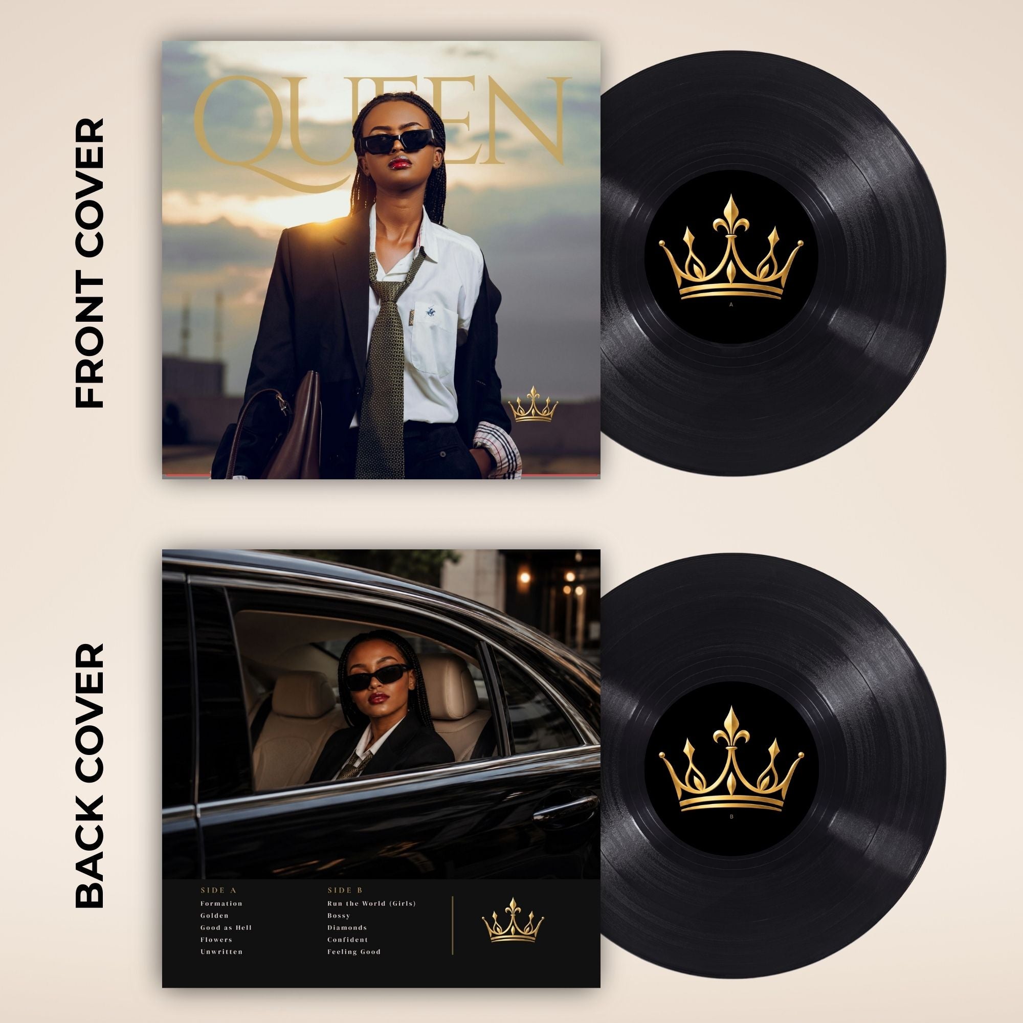 A double vinyl record album set for 'QUEEN' featuring the front and back covers alongside two black vinyl records with gold crown logos, set against a light beige background.