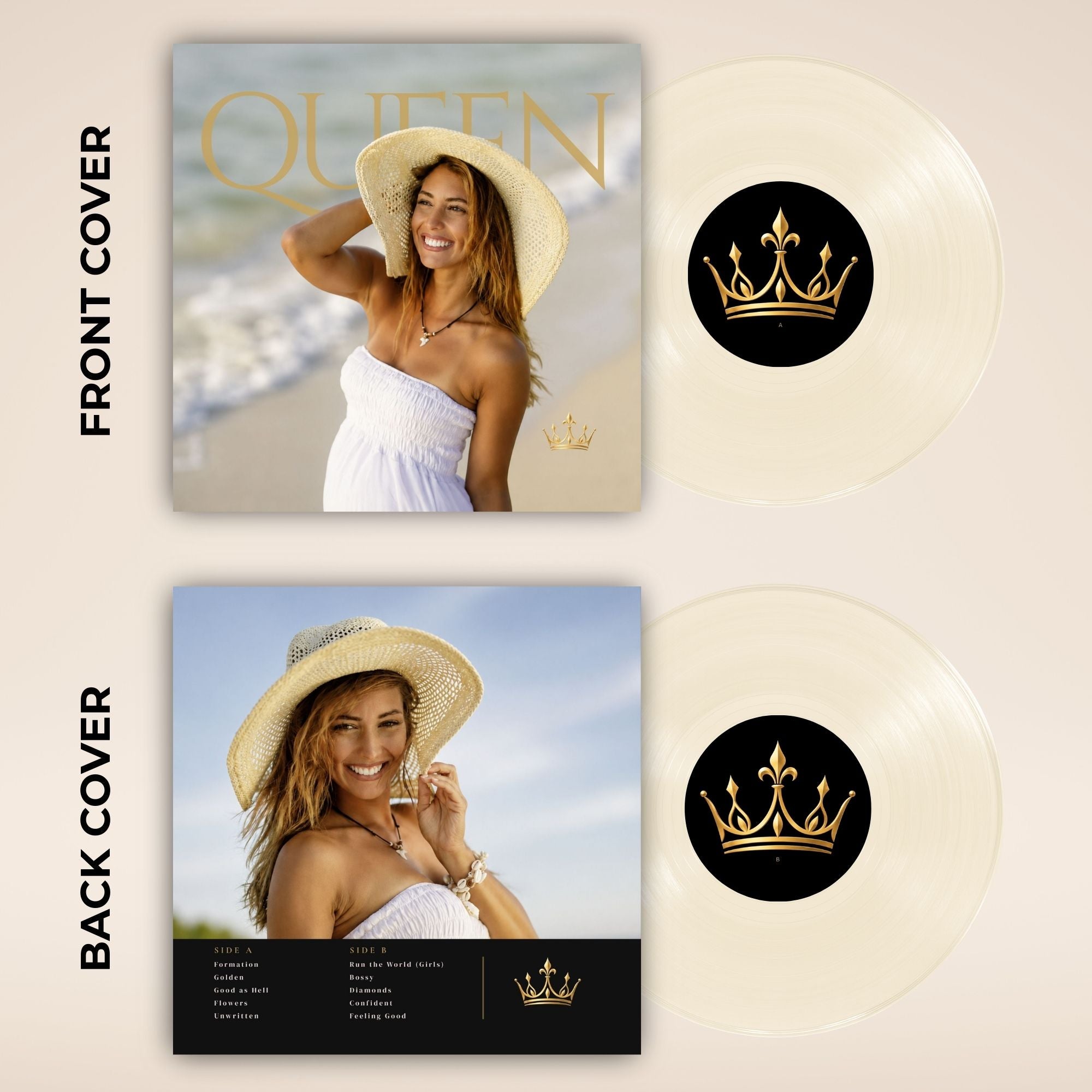 A double vinyl record album set for Queen, featuring the front and back covers alongside two cream-colored records with gold crown logos. The album art shows a woman in a straw hat on a beach, with the text 'QUEEN' on the front cover and track listings on the back cover.