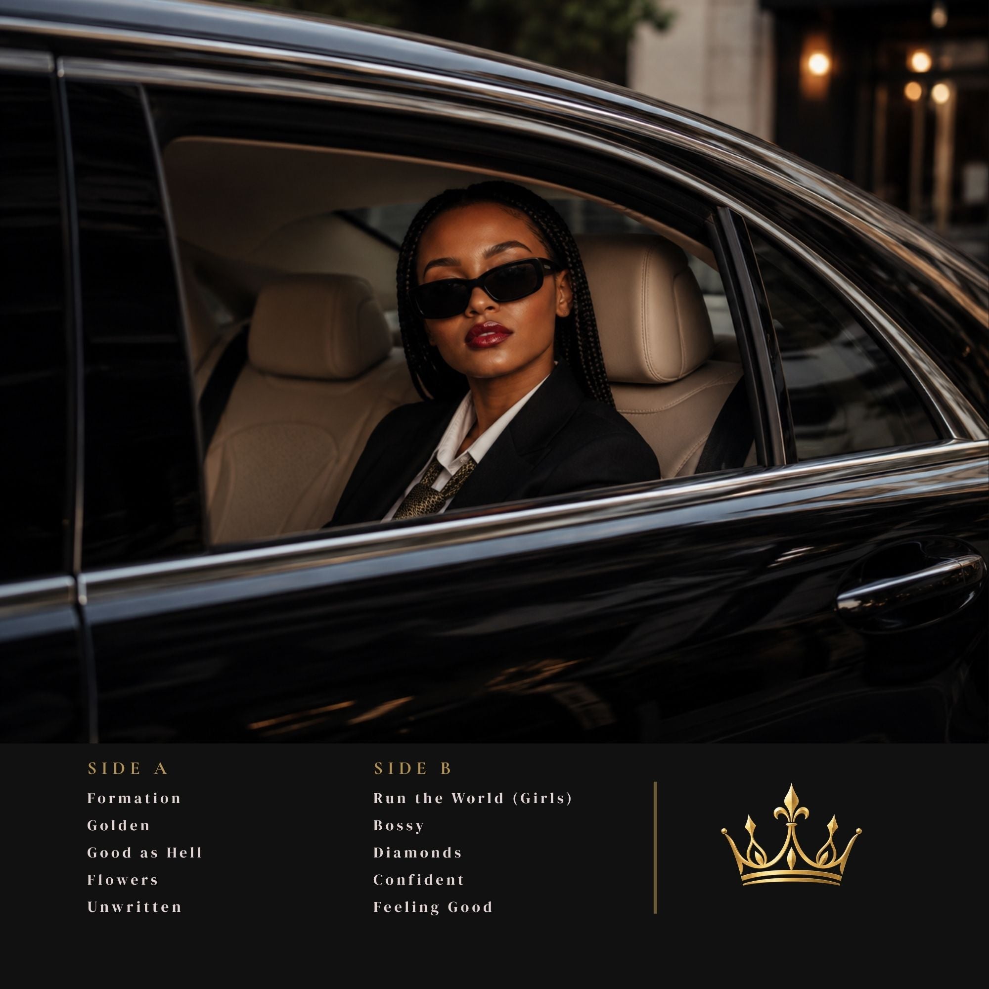 A woman wearing black sunglasses and a black blazer sits in the passenger seat of a black luxury car. The lower portion of the image features a black banner with song titles and a gold crown logo, indicating this is likely album or single cover art.