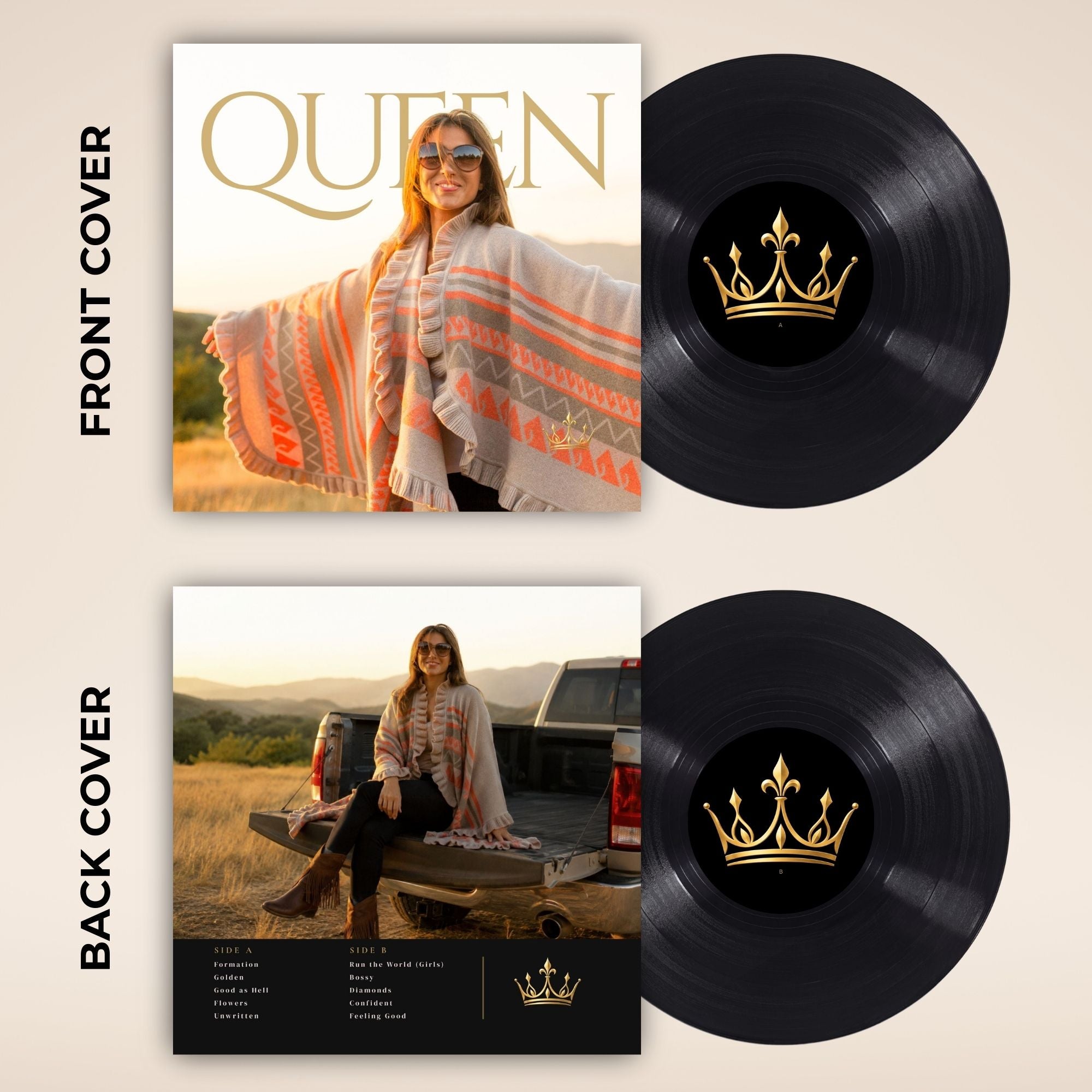 Queen double vinyl LP album set with front and back covers shown alongside two black vinyl records featuring a gold crown logo, on a beige background.