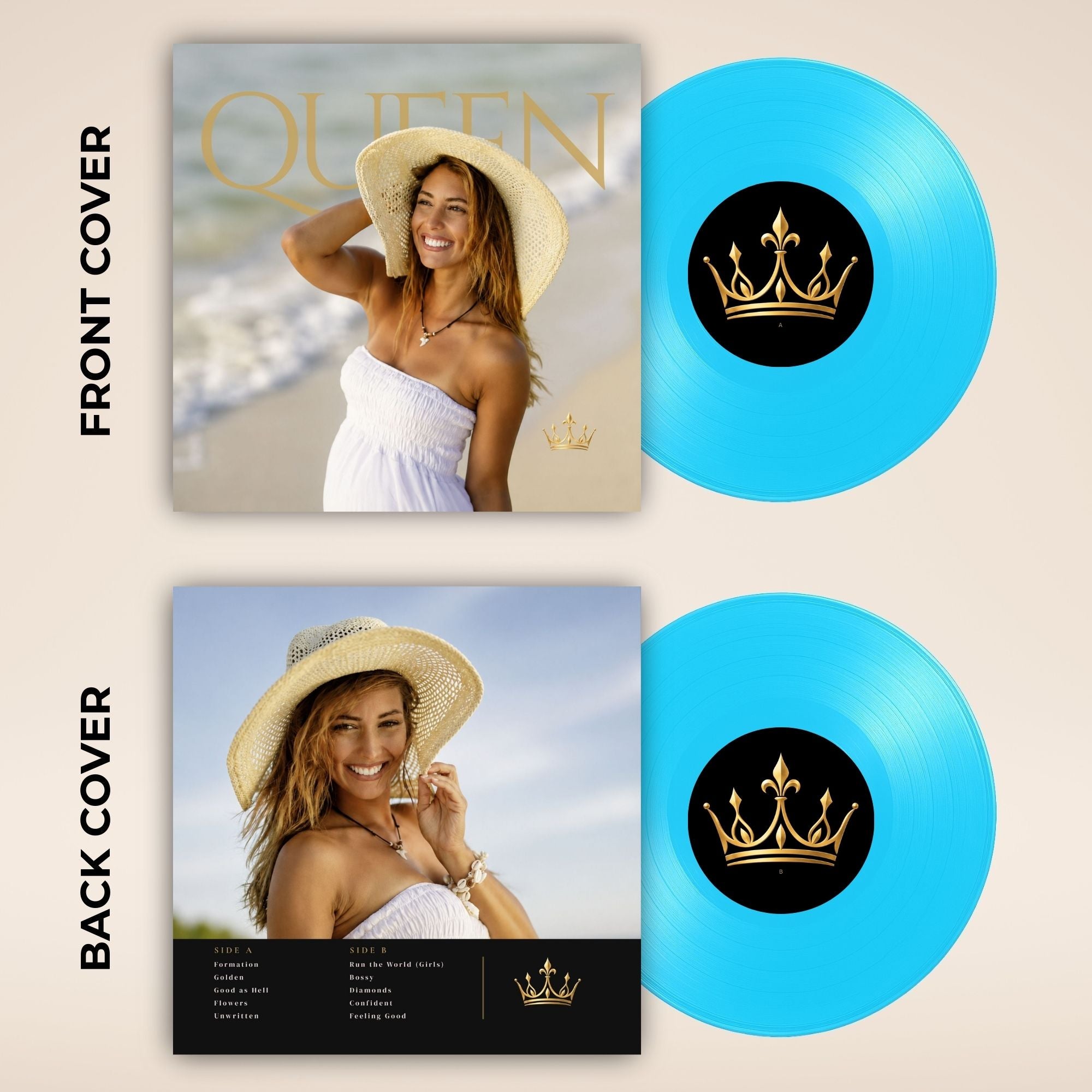 A vinyl record album shown front and back with two bright blue records and printed album covers on a beige background. The front cover shows a smiling woman in a straw hat on a beach, and the back cover includes track listing text and a black section with a gold crown logo.