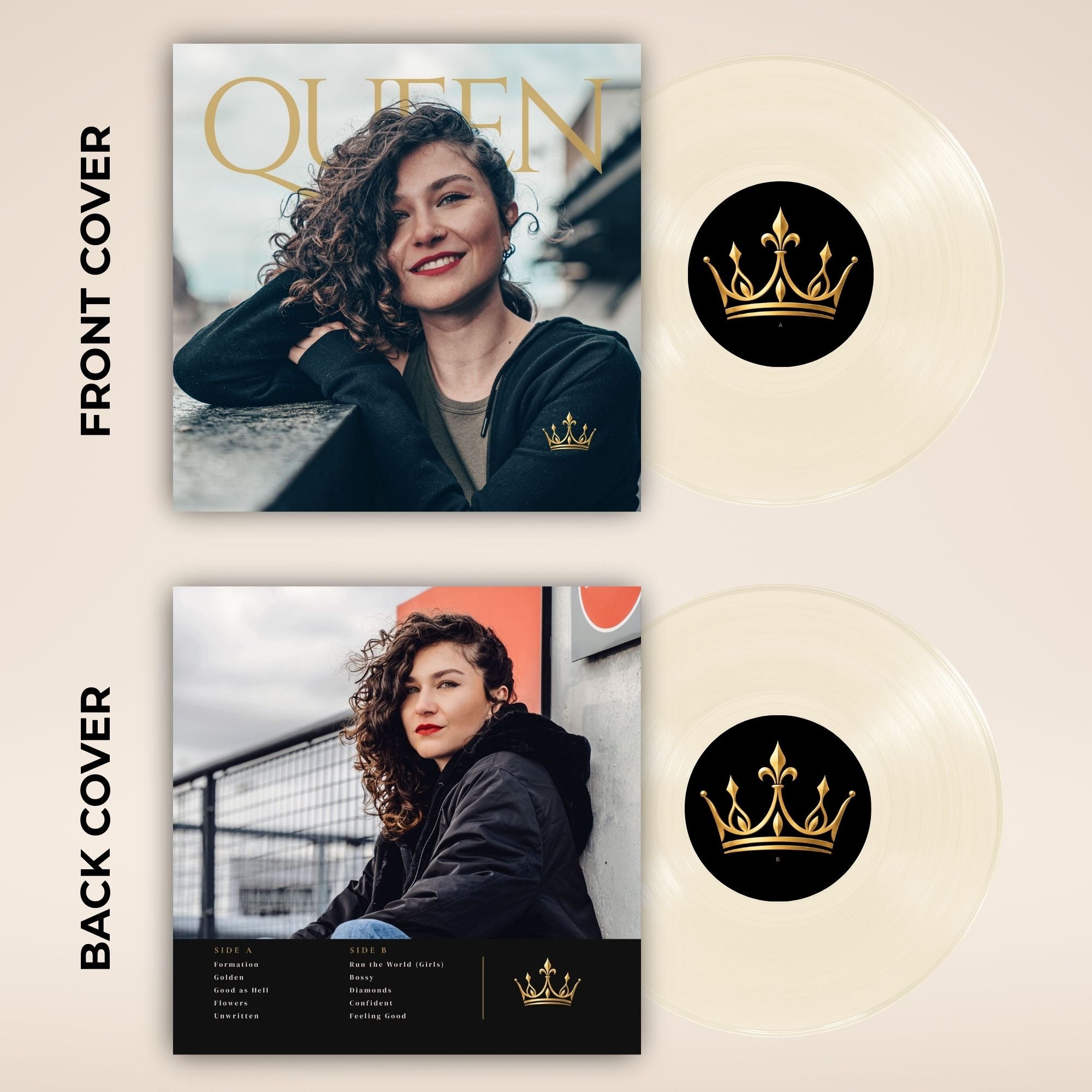 Queen vinyl record album shown as a double LP set with front and back covers, plus two translucent cream-colored records with black center labels featuring a gold crown logo, on a beige background.
