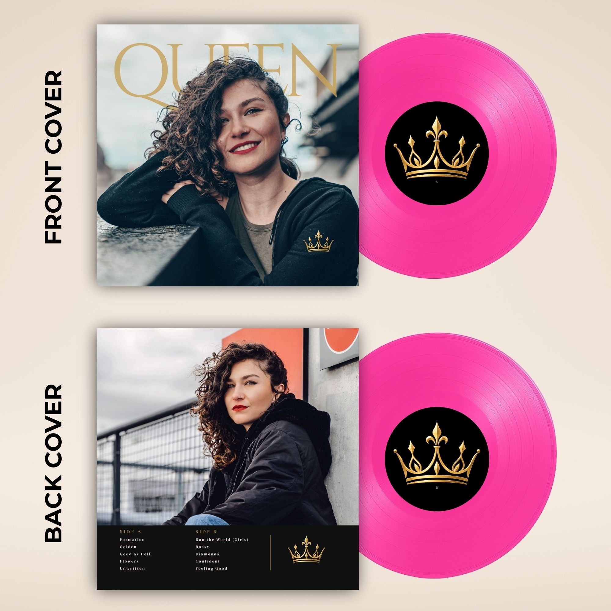 A vinyl record album shown front and back with two bright pink records and printed cover art on a light beige background. The top cover reads FRONT COVER and shows the band name QUEEN in gold at the top; the bottom cover reads BACK COVER and includes track listing text and a small gold crown logo.