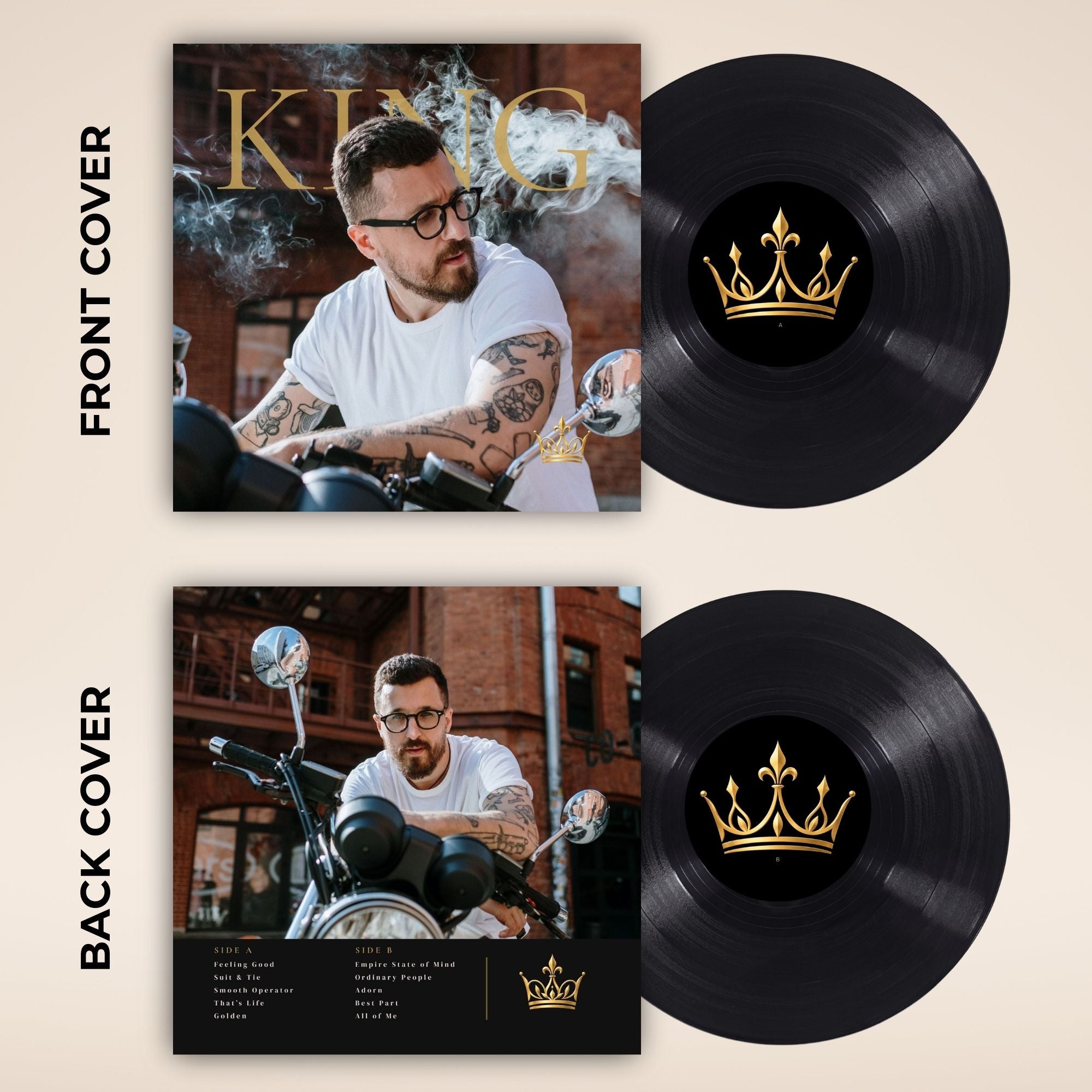 A double vinyl record album mockup featuring the front and back covers alongside two black vinyl discs with gold crown logos, set against a light beige background with vertical text labels.