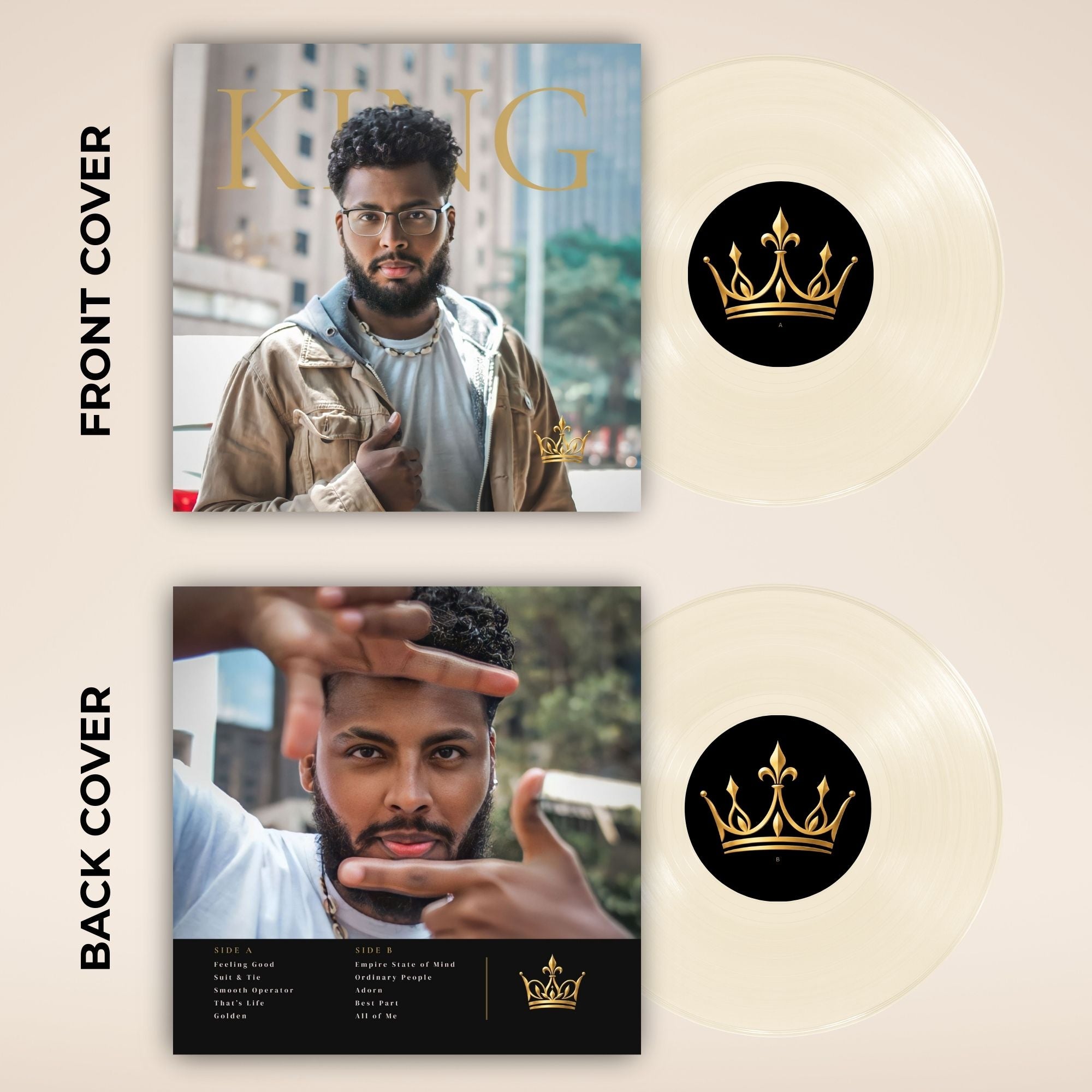 A double vinyl record album shown with the front and back covers alongside two cream-colored records. The album art features a man wearing glasses and a tan jacket, with the word 'KING' across the top.