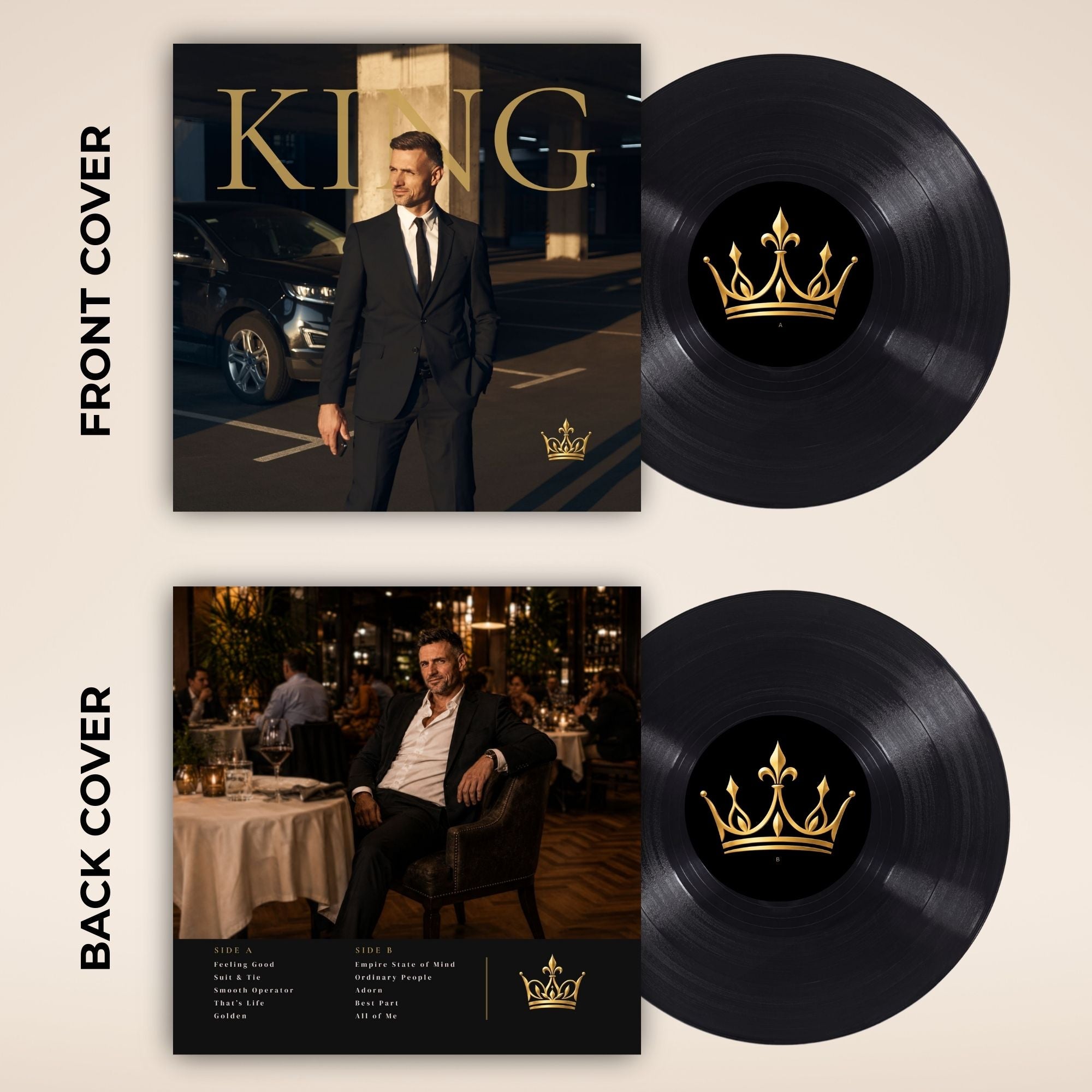 A double vinyl record album mockup with front and back covers shown beside two black records. The album art features a man in a suit and a gold crown logo, with the words FRONT COVER and BACK COVER labeling the two sides.