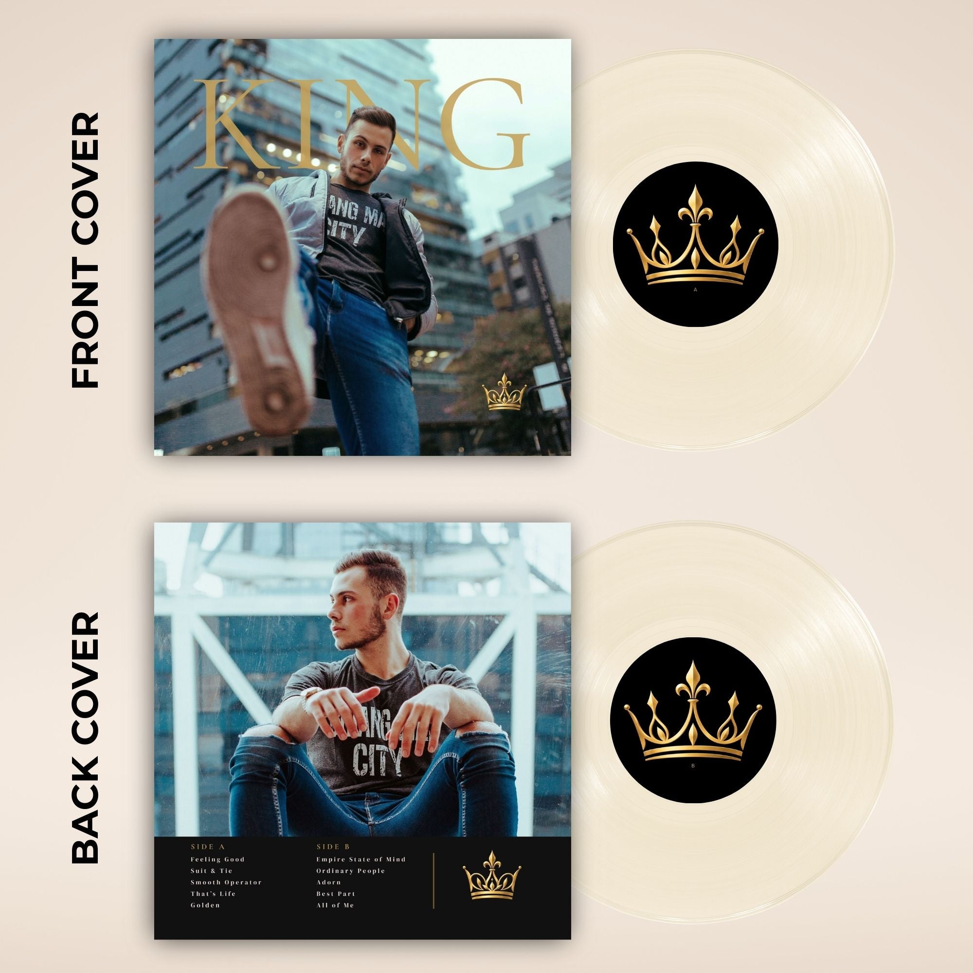 A vinyl record album set shown on a light beige background, with the front and back covers displayed alongside two translucent cream-colored records. Each record has a black center label featuring a gold crown graphic.