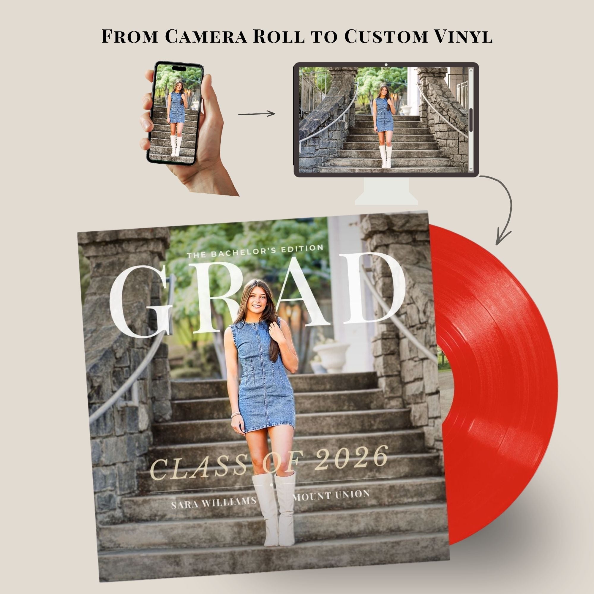 Custom vinyl record album cover mockup with a red vinyl disc partially visible behind a square album cover reading “GRAD” and “CLASS OF 2026.” Above, small inset images show a hand holding a phone and a phone screen displaying a woman standing on stone stairs, illustrating camera-to-cover customization.