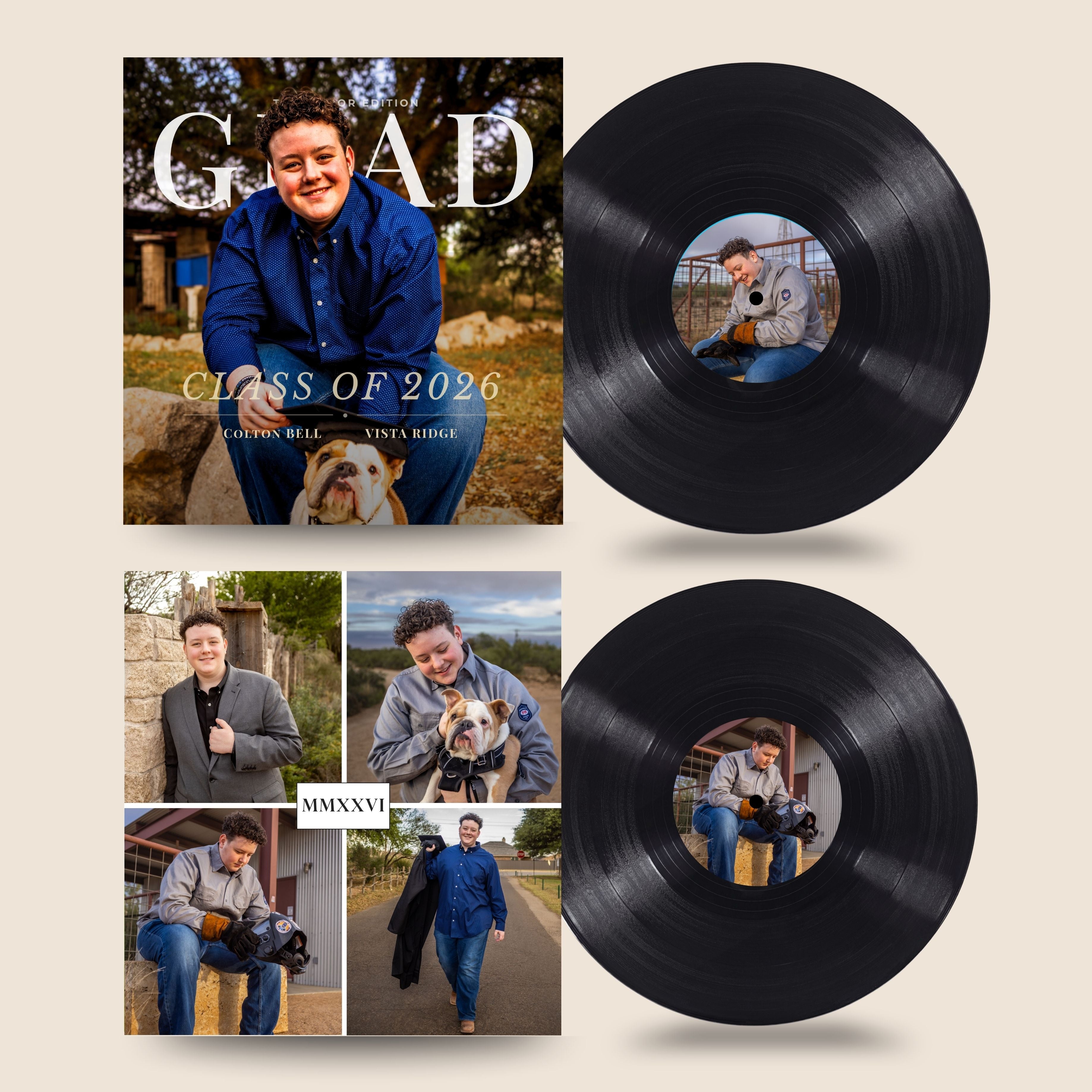 A custom photo vinyl record album set featuring a square album cover with the title 'CLASS OF 2026' and four smaller portrait photos, alongside two black vinyl records on a light beige background.