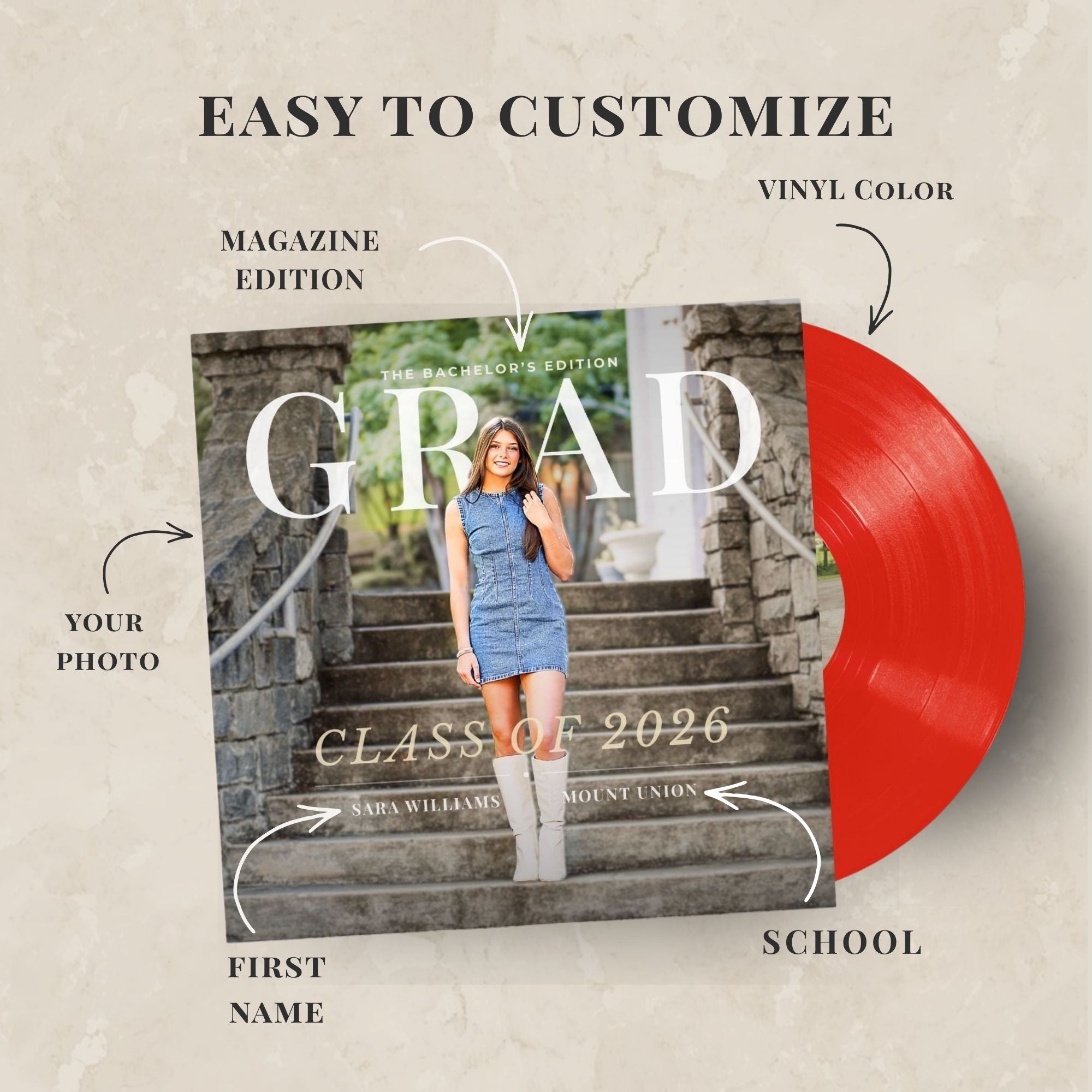 A promotional graphic for a customizable vinyl record album cover. The main subject is a red vinyl record partially pulled from a printed album cover showing a woman on stone steps, with large text reading 'GRAD' and smaller text 'CLASS OF 2026'.