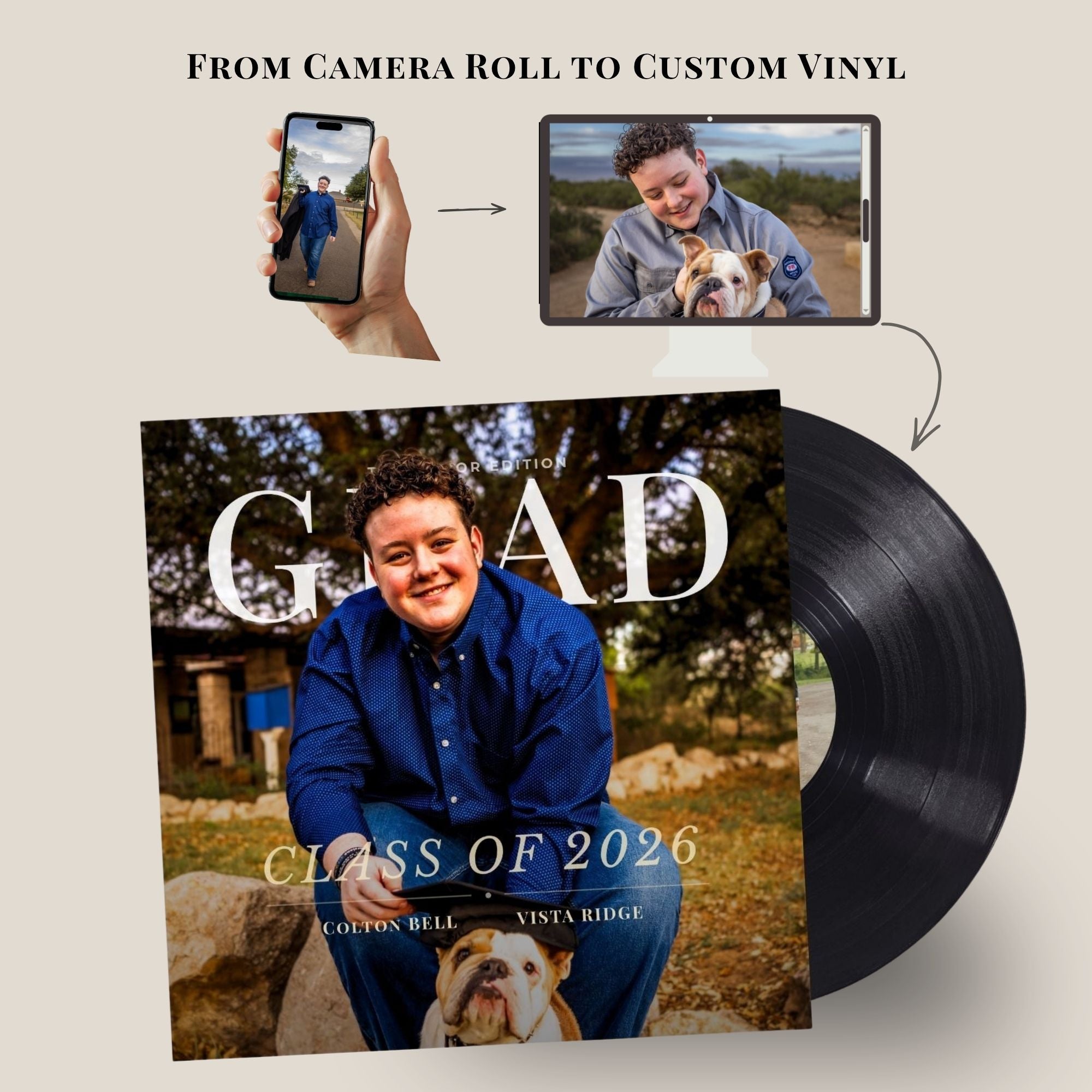 Custom vinyl record album cover mockup with a black record partially visible behind the cover. The cover shows a smiling young man in a blue shirt sitting outdoors with a bulldog, with large white text reading 'Grad' and 'Class of 2026'.