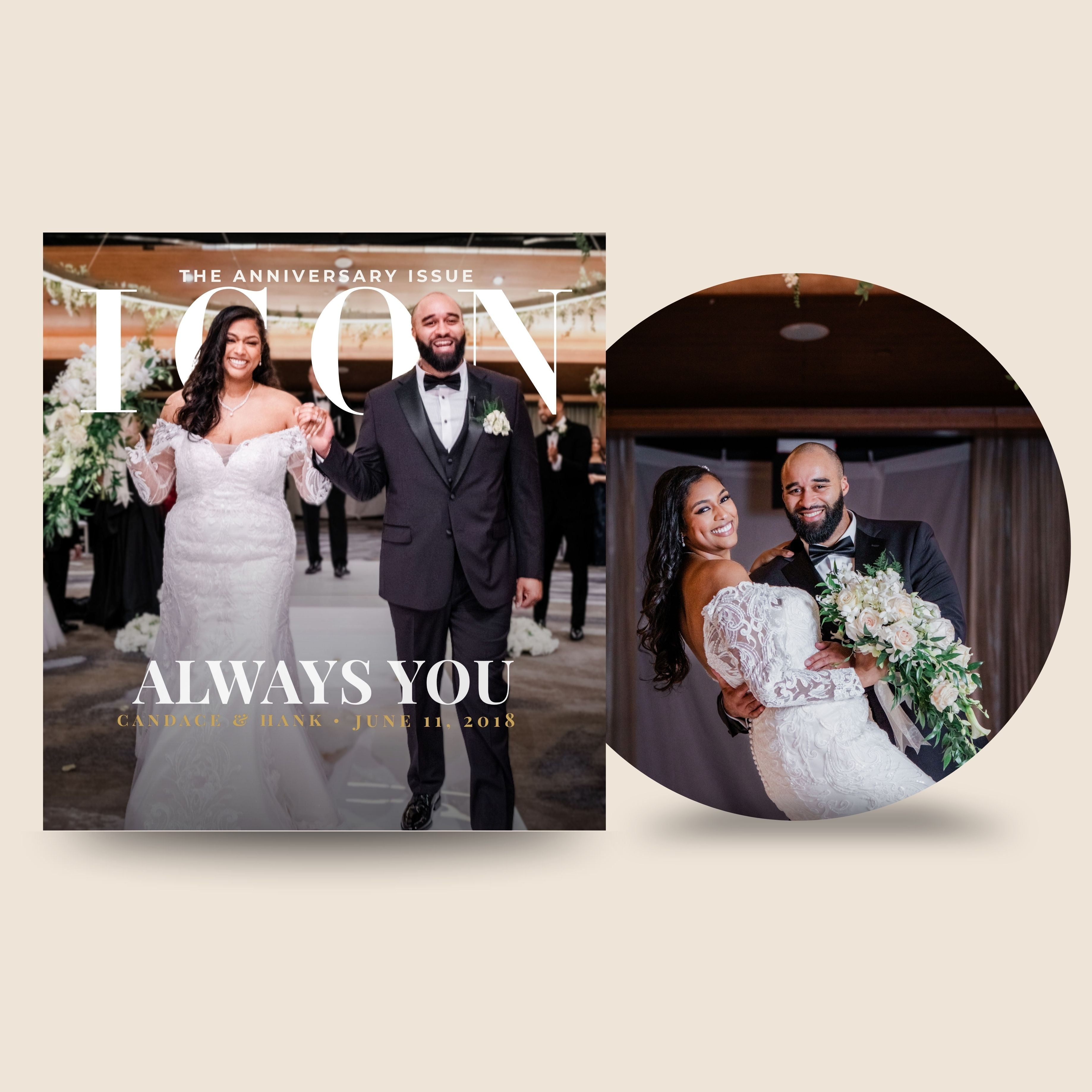 Magazine cover with a couple on the cover and a circular inset photo of the same couple.