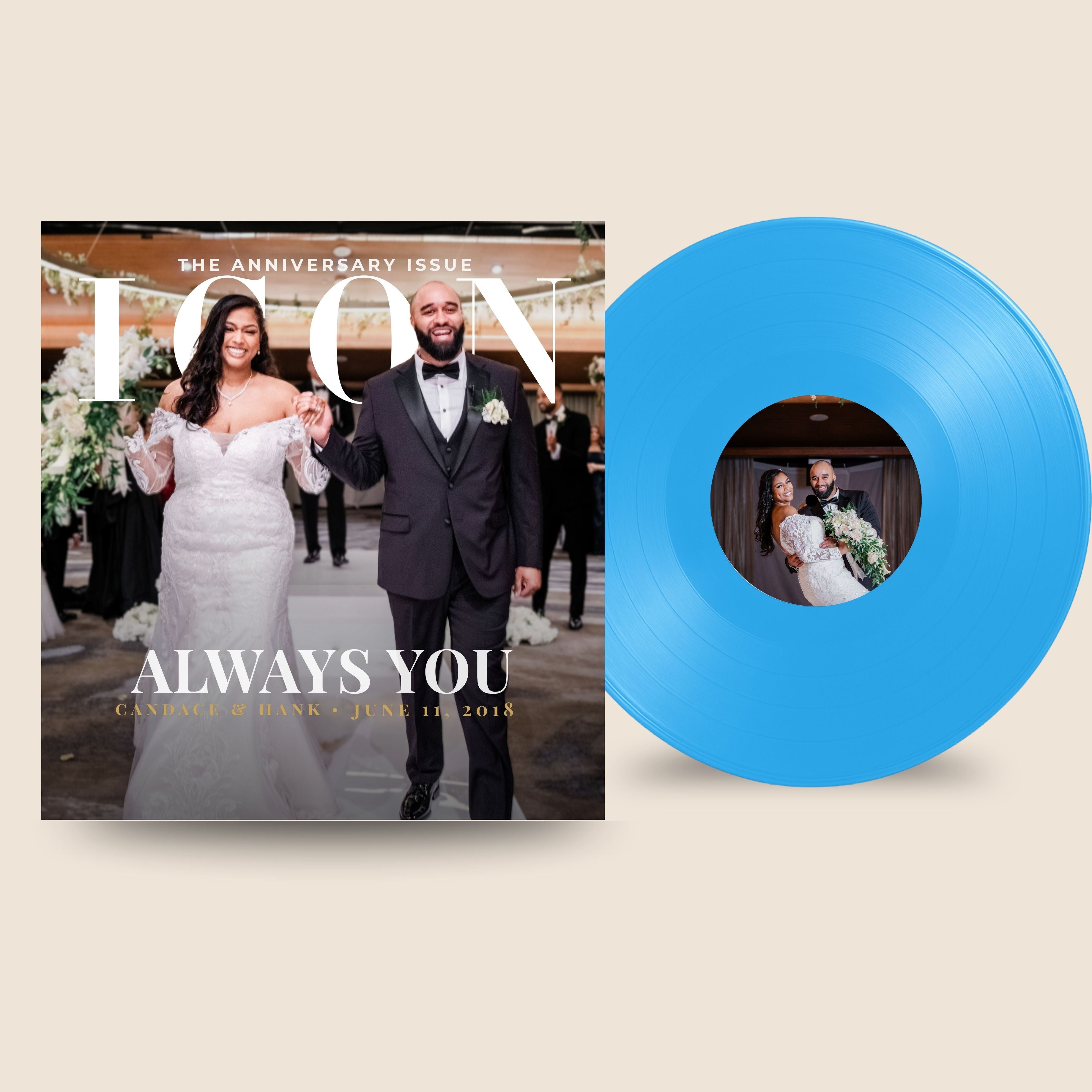 Vinyl record with a cover featuring a couple on a magazine-style background
