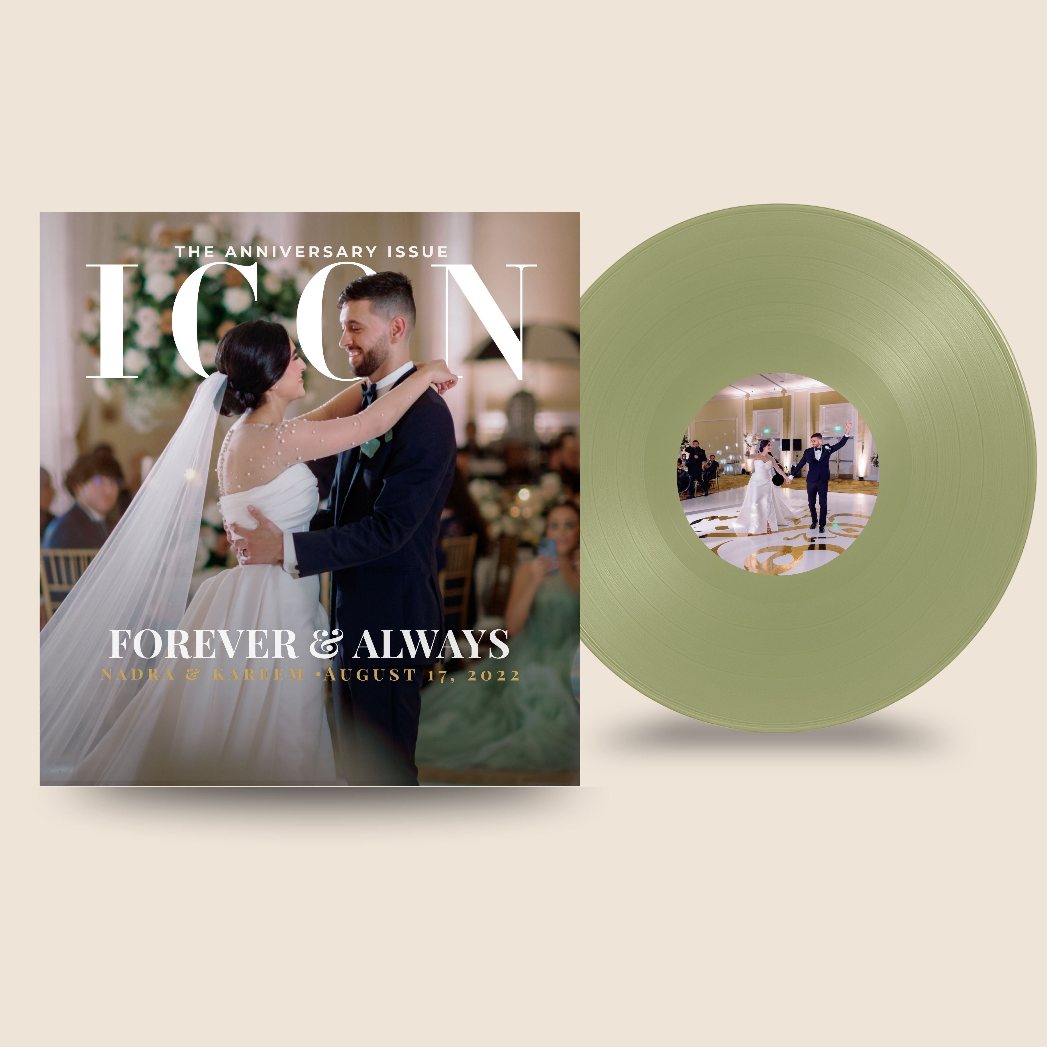 Magazine cover with a wedding couple and a green vinyl record with a similar image.