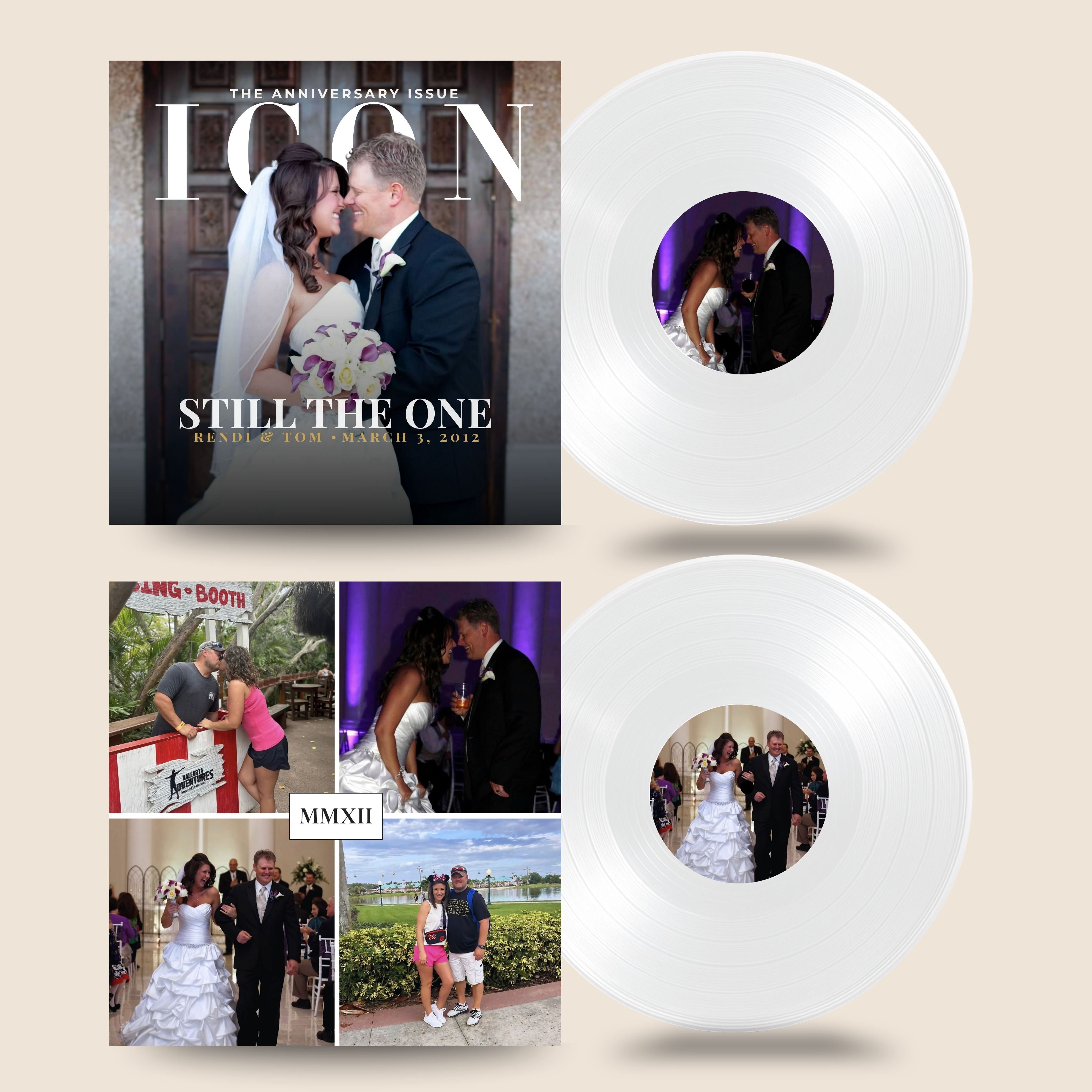 Collage of wedding-themed items including a magazine cover, vinyl records, and photos.