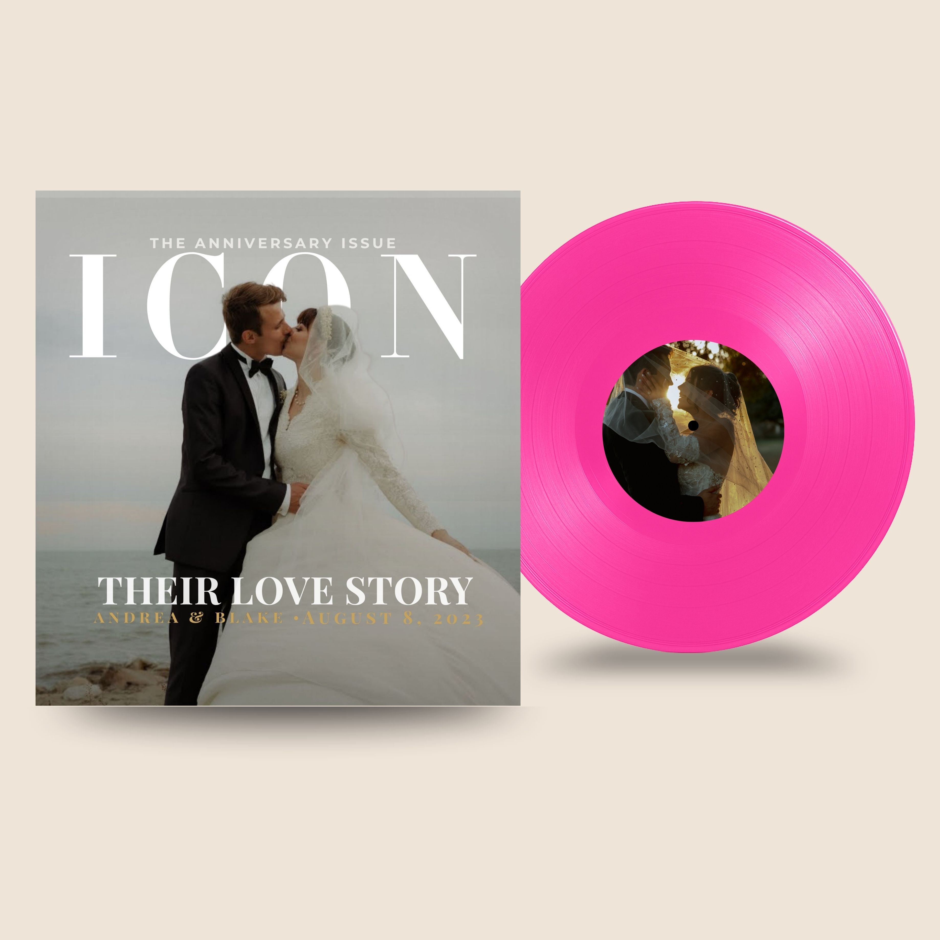 Magazine cover titled 'ICON' with a couple on the cover and a pink vinyl record with dog picture.