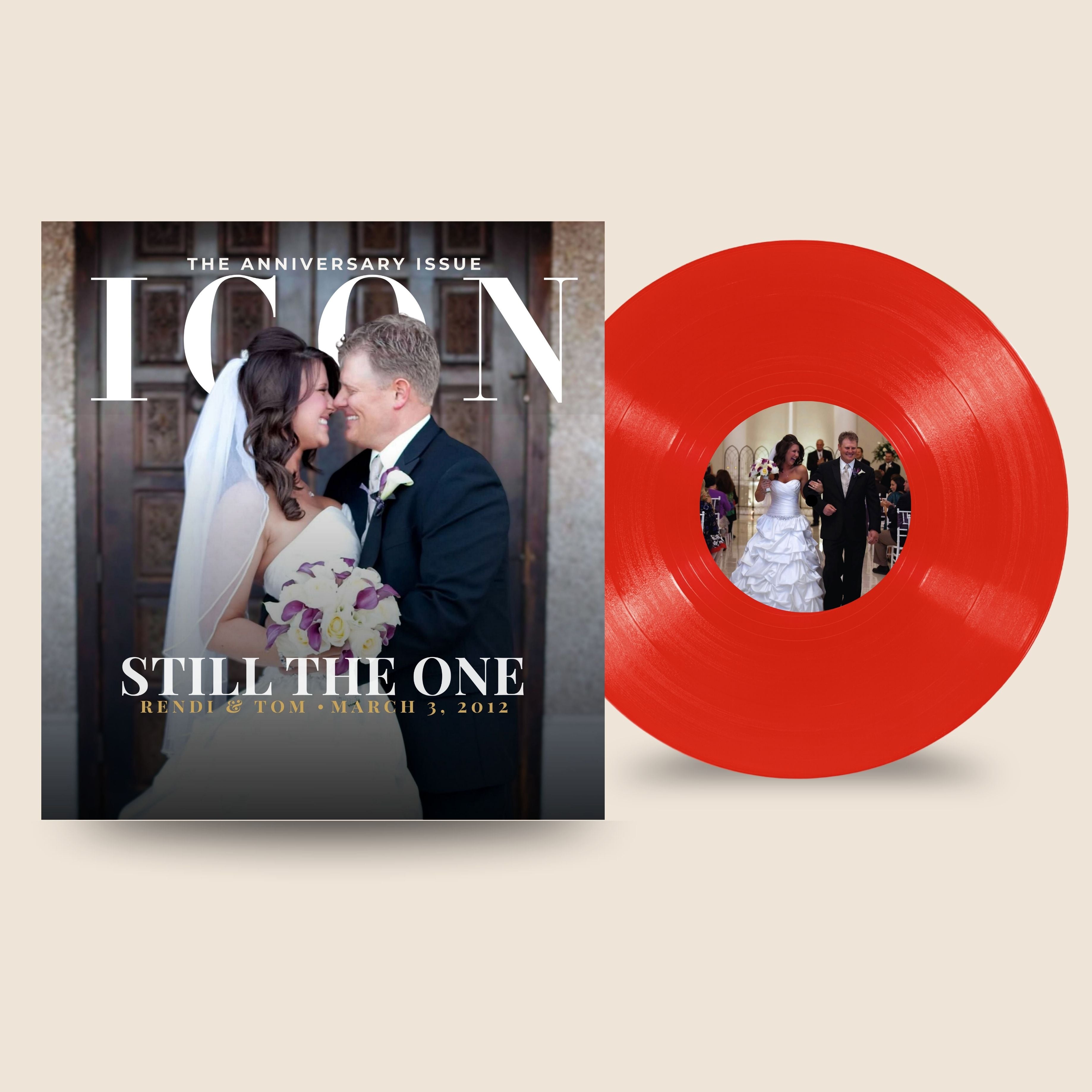 Magazine cover with a couple and a red vinyl record with a couple on it, both labeled 'ICON'.